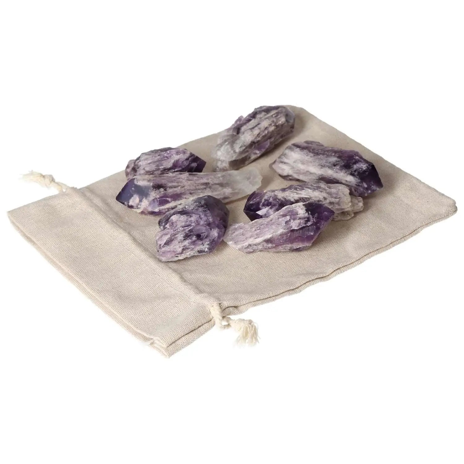 Amethyst Point M crystals on beige pouch, enhancing energy and serenity, a premium Sylvia Crystals product for emotional stability.