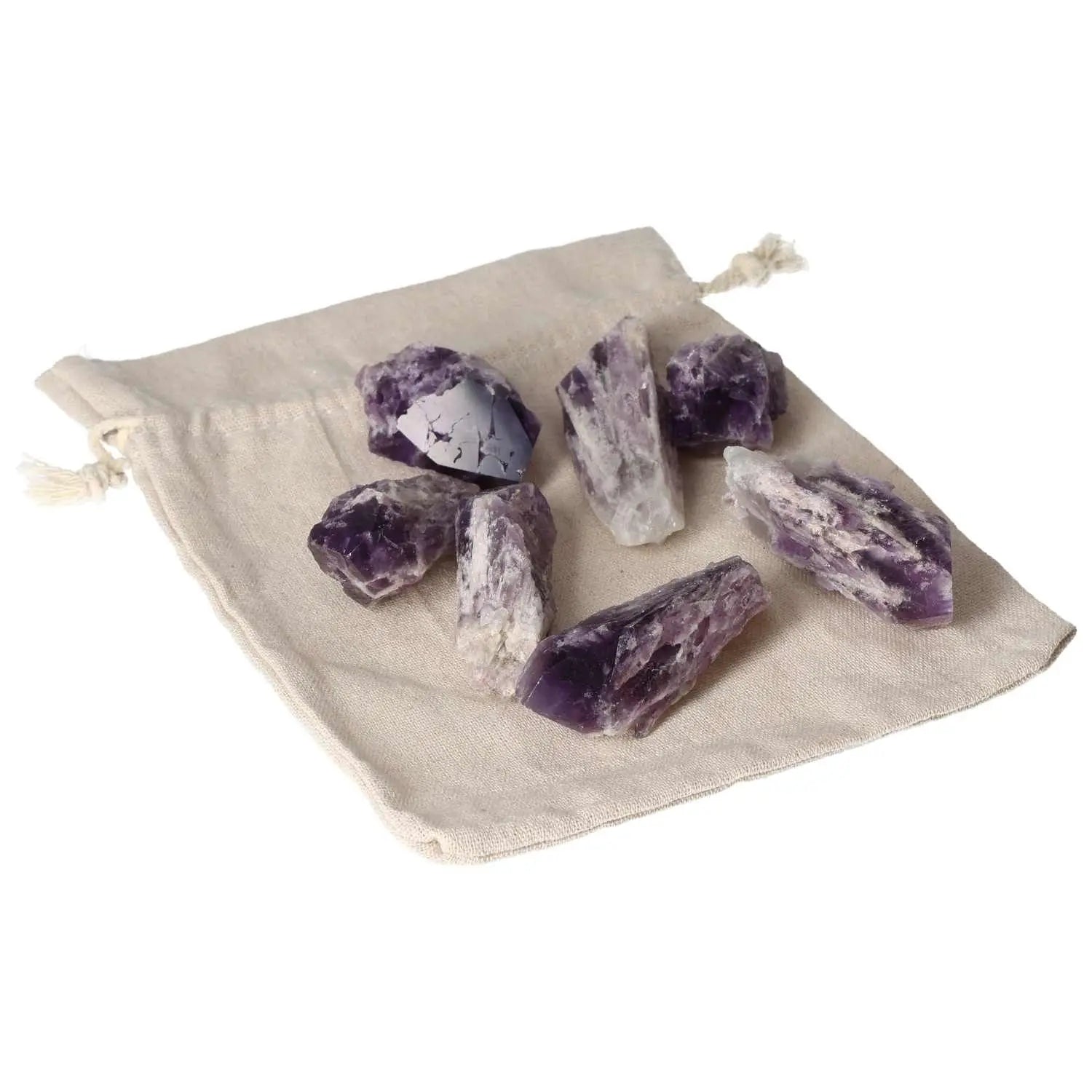 Amethyst Point M crystals on a pouch, stress-relief, energy-enhancing premium stones from Sylvia Crystals