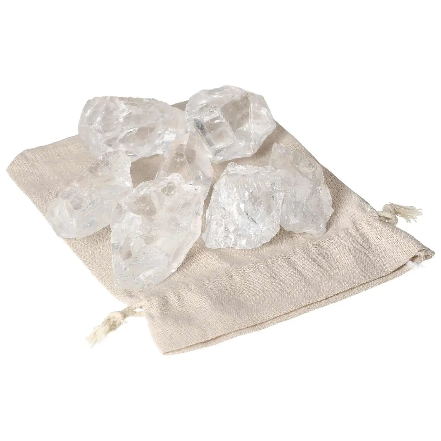 Premium Quartz Clear crystals on linen bag, showcasing elegance and spiritual harmony. Ideal for spiritual balance seekers by Sylvia Crystals.