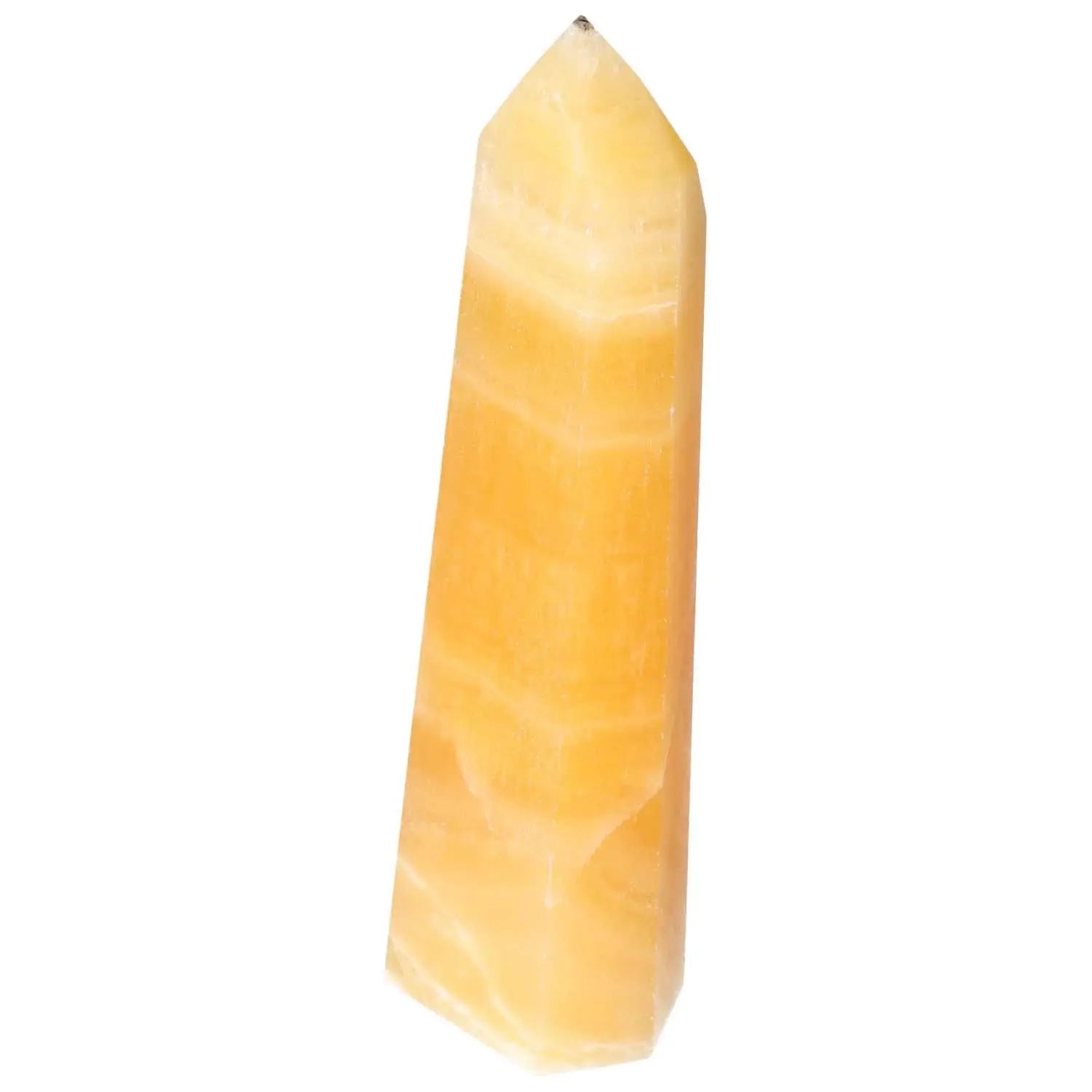 Elegant Mexican Calcite Obelisk from Sylvia Crystals, boosting self-confidence and motivation with spiritual elegance.