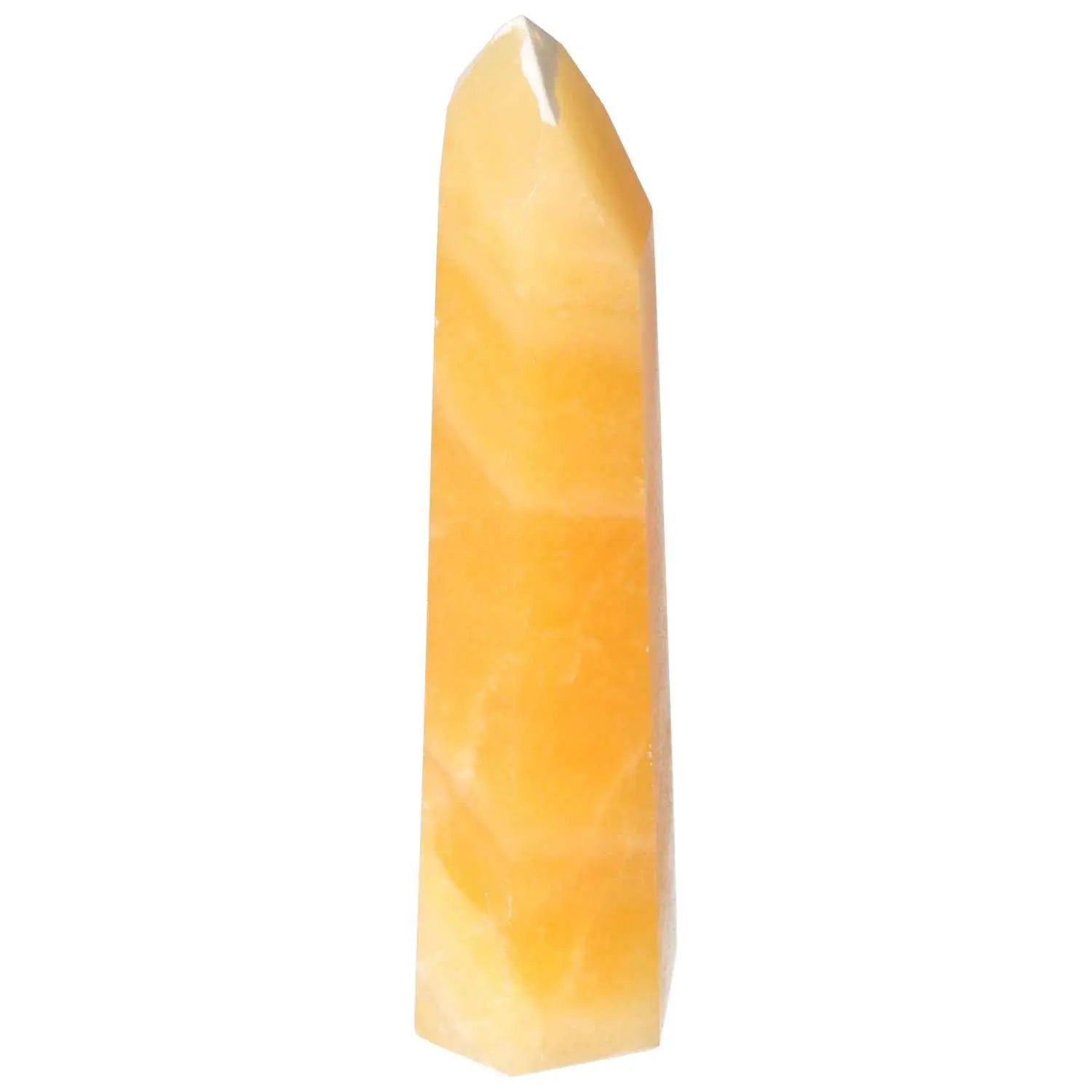 Mexican Calcite Obelisk by Sylvia Crystals, enhancing self-confidence and goal achievement with natural beauty.