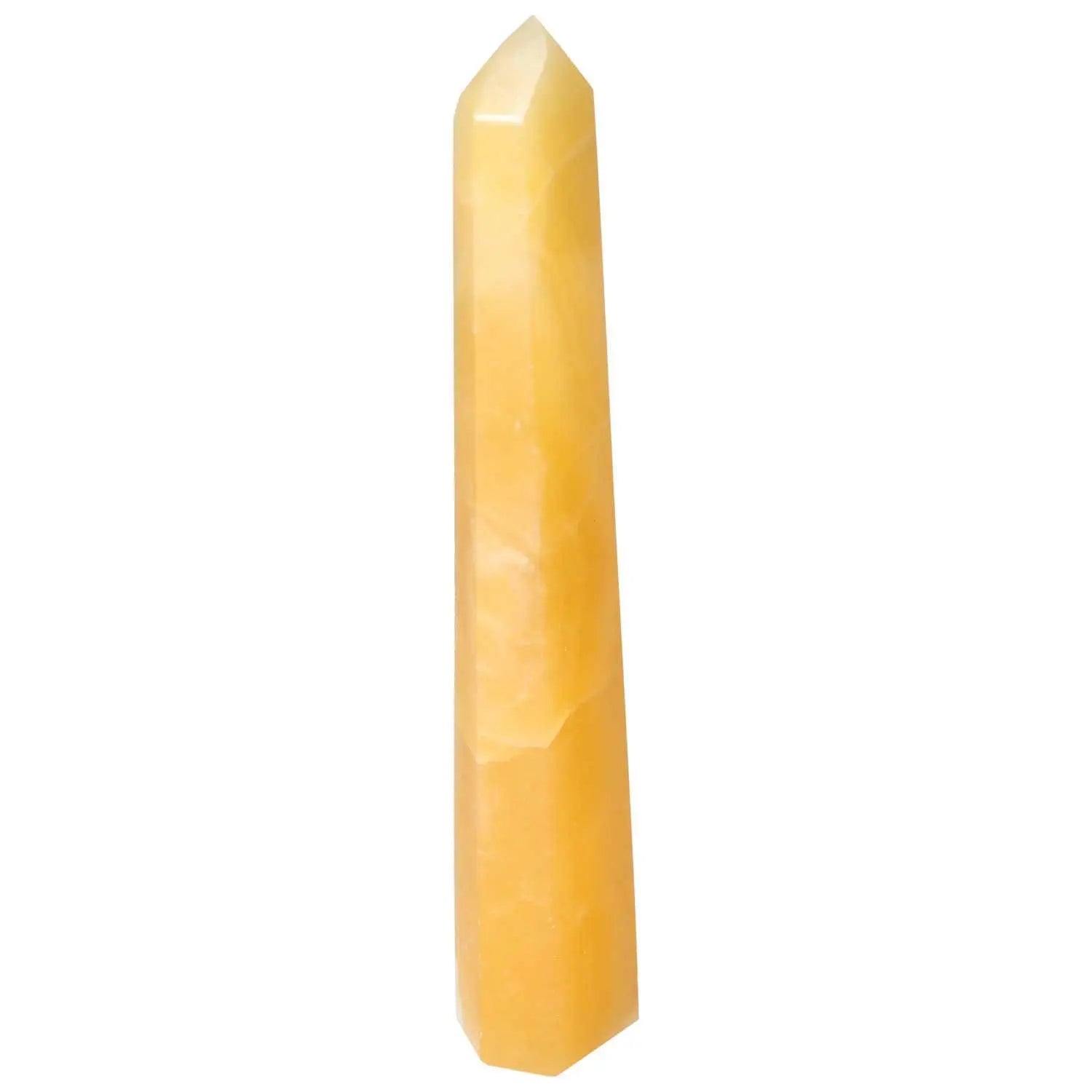 Mexican Calcite Obelisk for motivation and prosperity from Sylvia Crystals, elegant and energizing centerpiece.