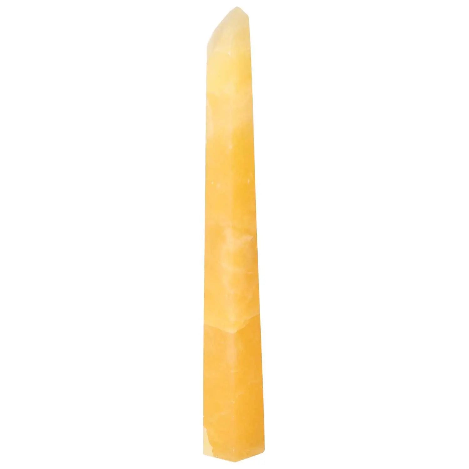 Elegant Mexican Calcite Obelisk from Sylvia Crystals, a motivational and energizing tool for personal growth and prosperity.