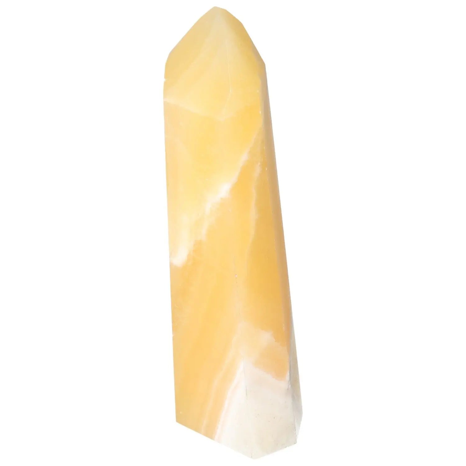 Mexican Calcite Obelisk from Sylvia Crystals, promoting self-confidence and motivation, showcasing unique aesthetic luxury.