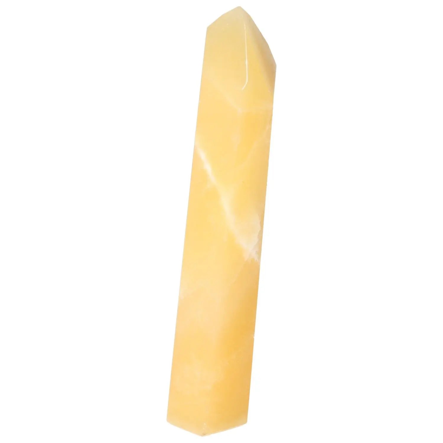Mexican Calcite Obelisk from Sylvia Crystals, enhancing self-confidence and motivation, with a luxurious and spiritual design.
