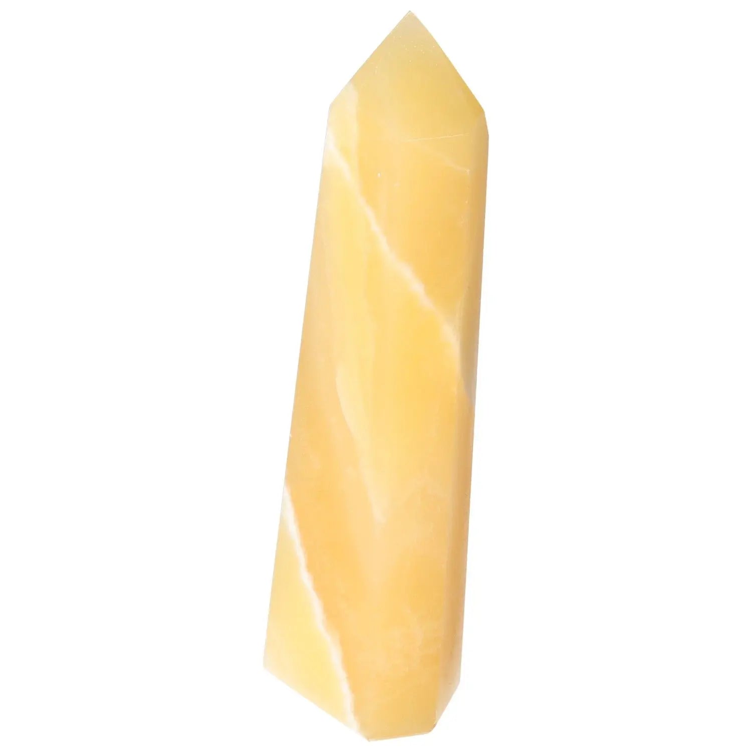 Mexican Calcite Obelisk from Sylvia Crystals, enhancing self-confidence and motivation, aesthetic luxury crystal for personal growth.