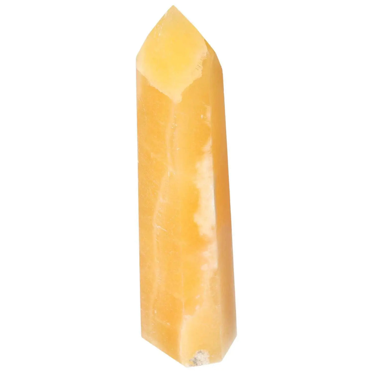 Mexican Calcite Obelisk from Sylvia Crystals, enhancing self-confidence and goal achievement with positive vibrations.