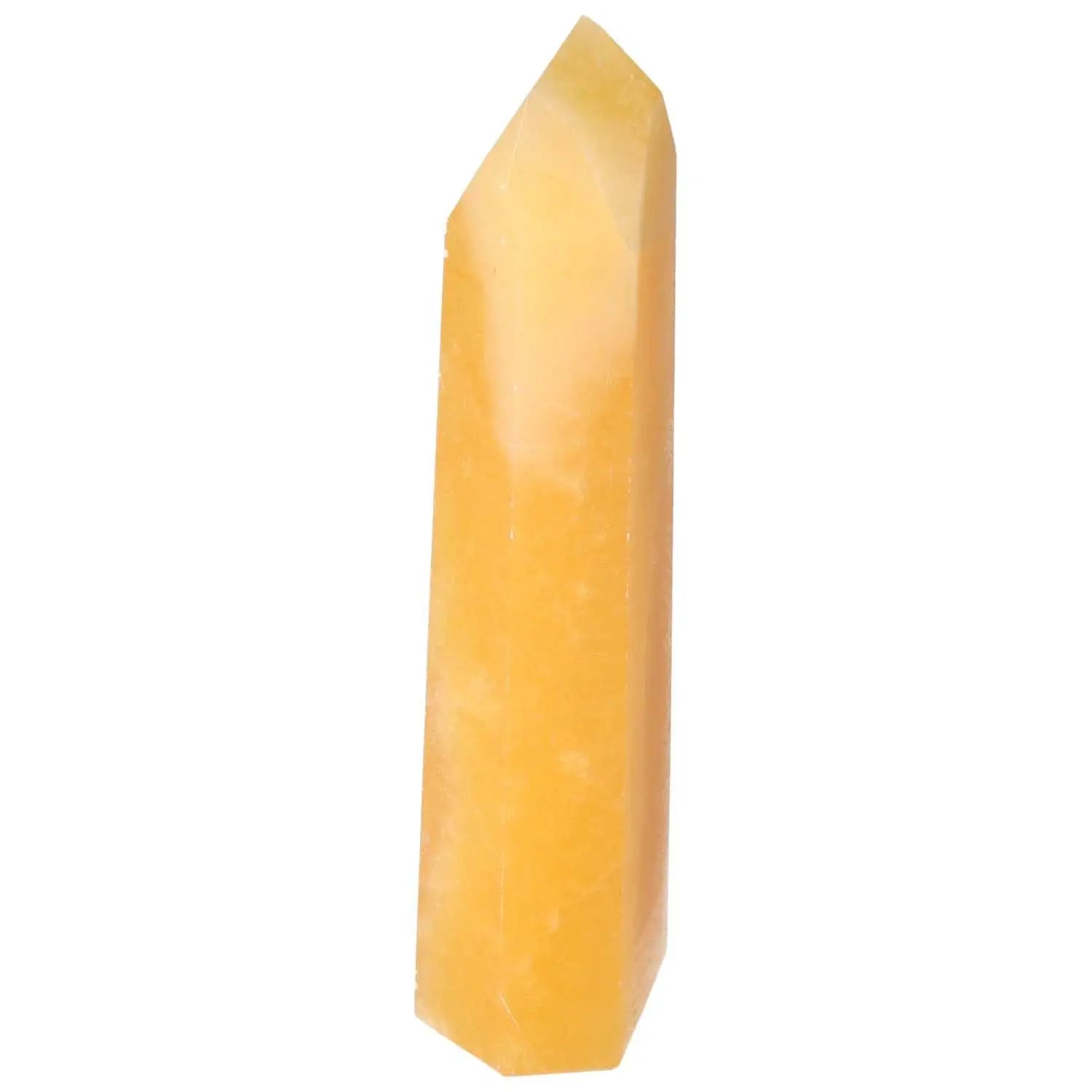 Mexican Calcite Obelisk from Sylvia Crystals, enhances self-confidence, goal achievement, and emits positive vibrations.