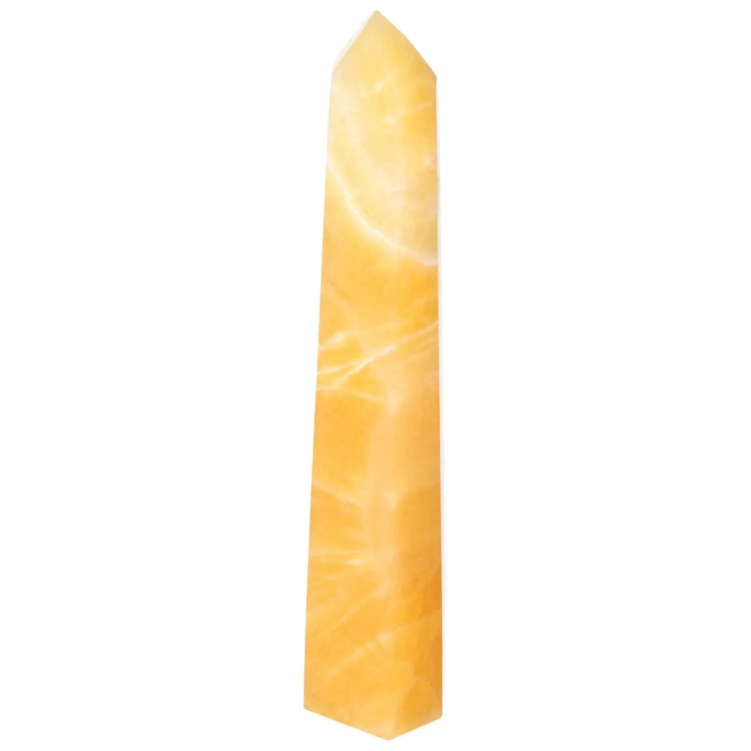 Mexican Calcite Obelisk by Sylvia Crystals, known for boosting confidence and focus, perfect for home decor and personal energy enhancement.