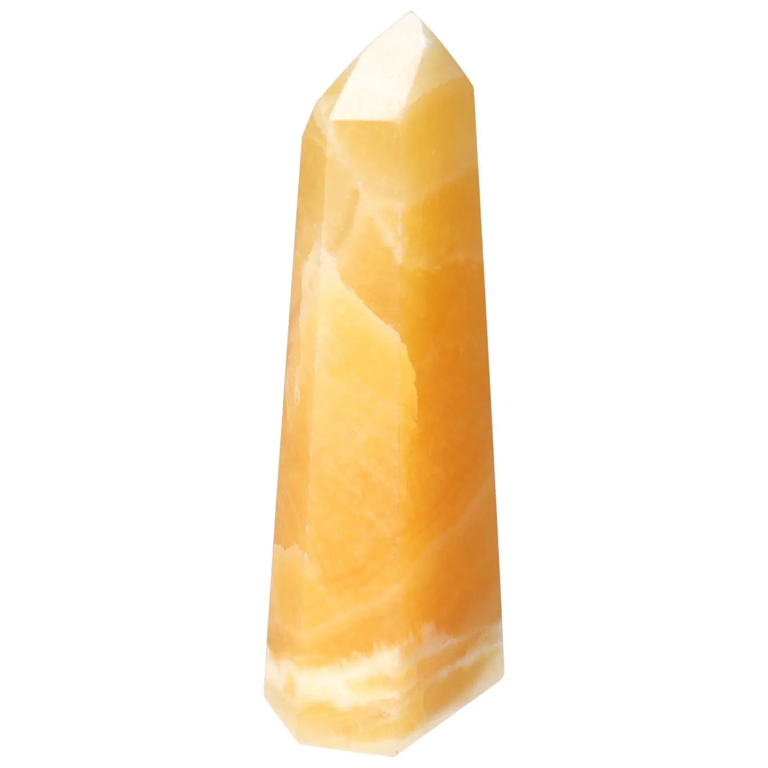 Mexican Calcite Obelisk crystal with a smooth, polished surface glowing in warm hues, promoting positivity and self-confidence.