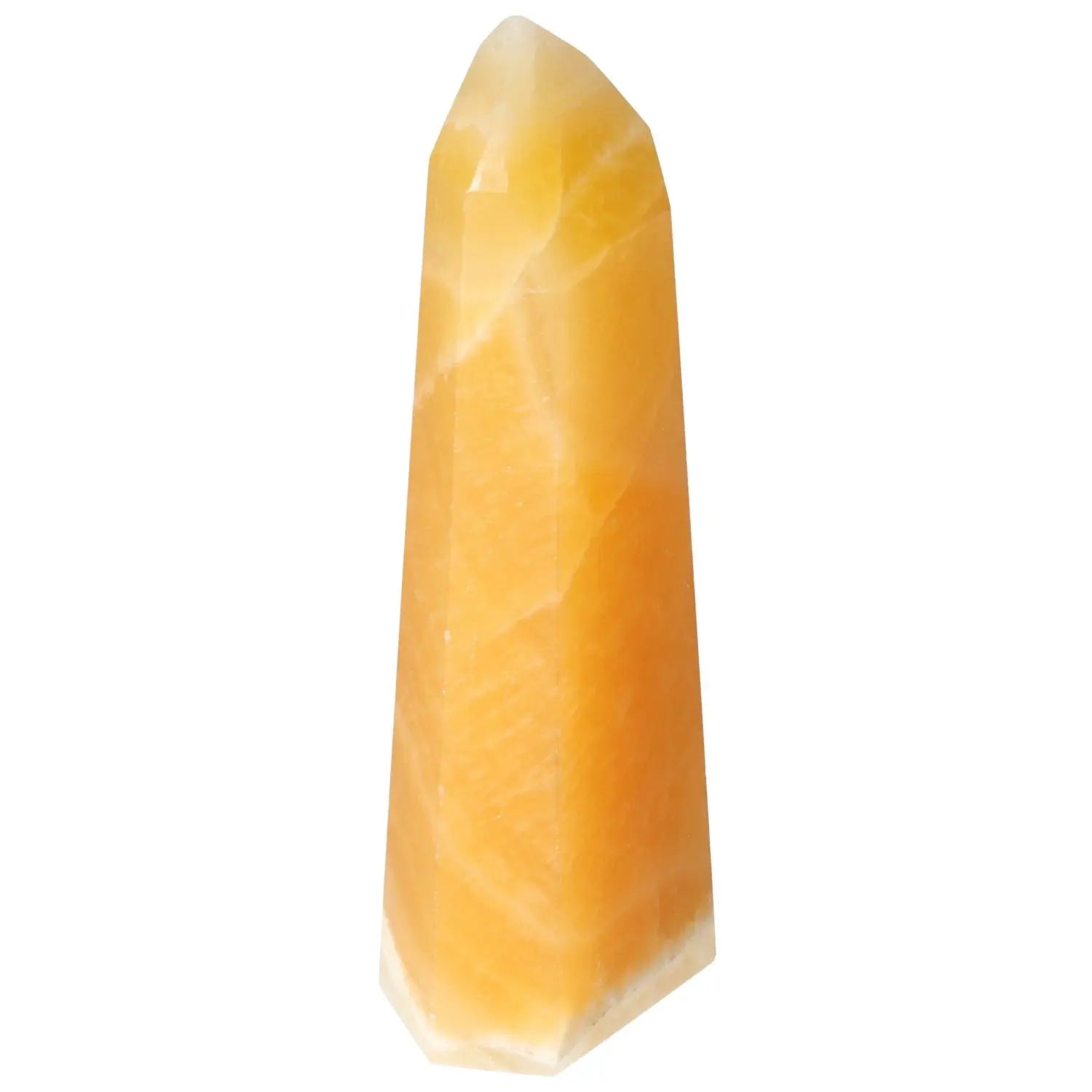 Mexican Calcite Obelisk by Sylvia Crystals, enhancing positivity and self-discovery with luxurious design and transformative energy.