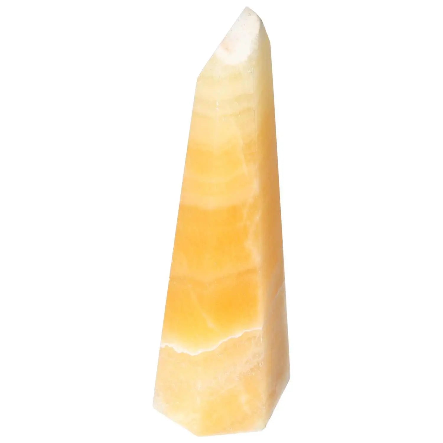 Mexican Calcite Obelisk from Sylvia Crystals, enhancing self-confidence and motivation, premium decor piece, yellow tones, crystal structure.