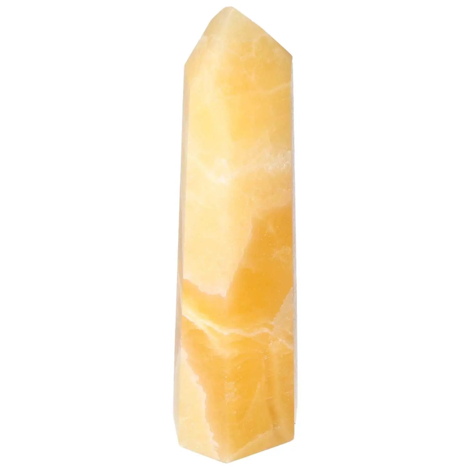 Yellow Mexican Calcite Obelisk by Sylvia Crystals, renowned for quality and spiritual significance, enhancing self-confidence and growth.