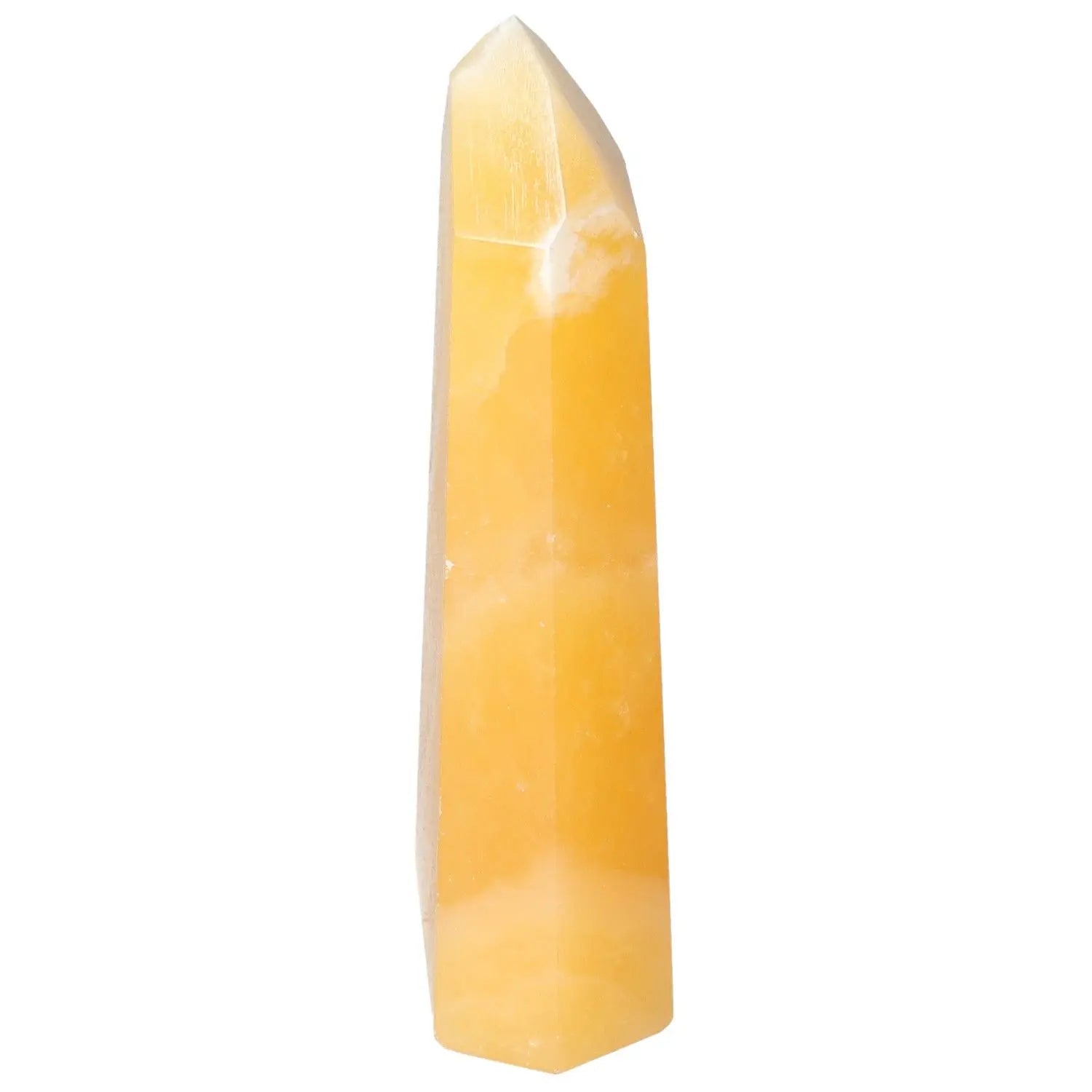 Luxurious Mexican Calcite Obelisk from Sylvia Crystals, enhancing self-confidence and motivation, perfect for personal growth and prosperity.