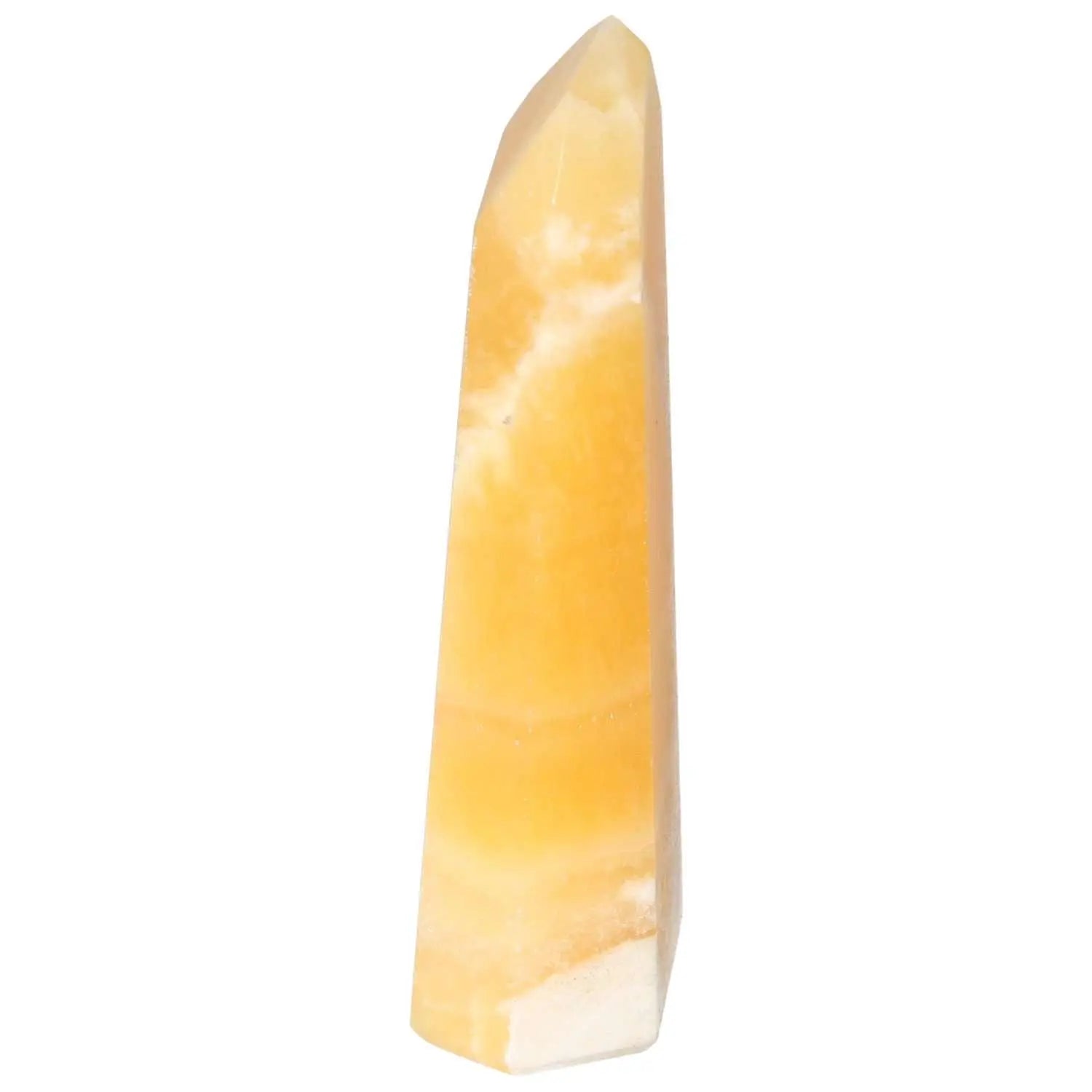 Mexican Calcite Obelisk, enhancing self-confidence and goal orientation, by Sylvia Crystals. Luxurious, aesthetic room decor.