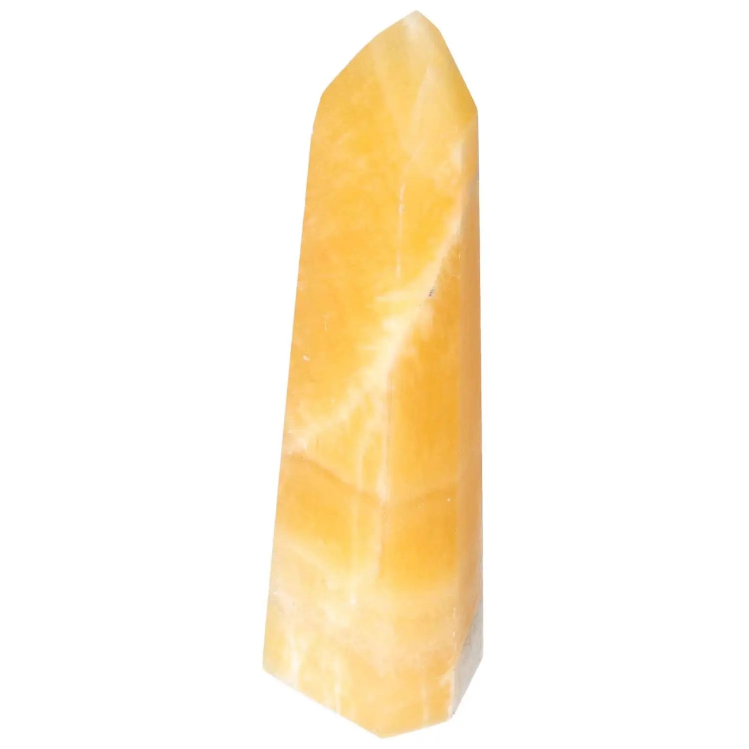 Mexican Calcite Obelisk, luxury crystal by Sylvia Crystals, enhances self-confidence and goal orientation, elegant decor piece.