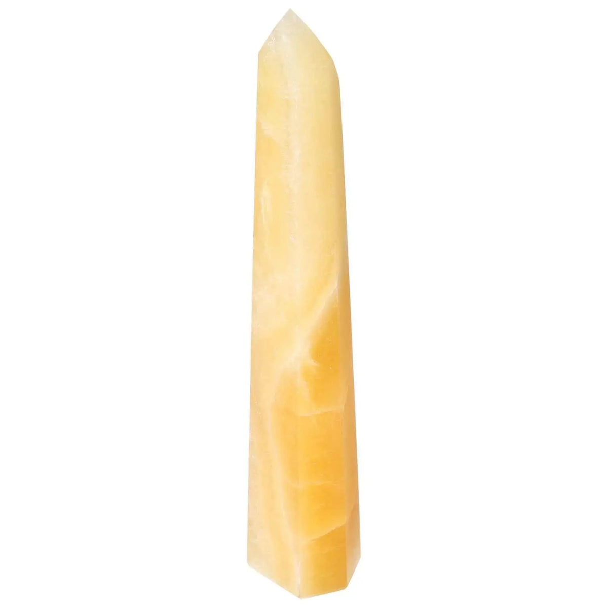 Mexican Calcite Obelisk from Sylvia Crystals - enhances self-confidence, motivation, and energy; premium conscious luxury decor piece.