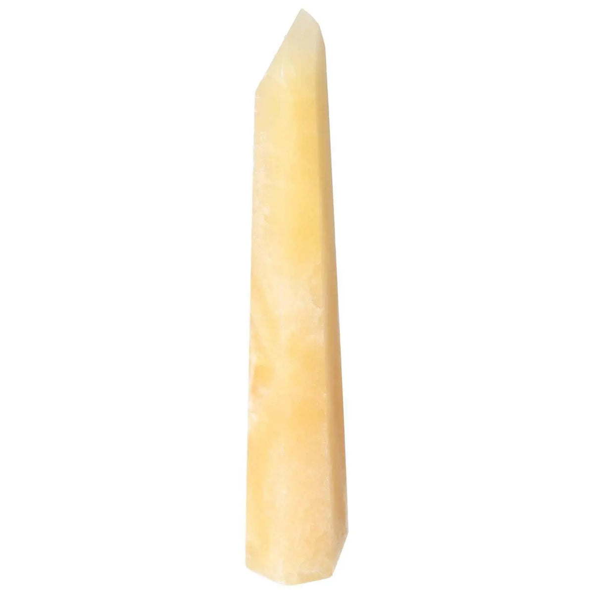 Mexican Calcite Obelisk from Sylvia Crystals, vibrant yellow hue, promotes self-confidence and spiritual growth, luxury home decor piece.