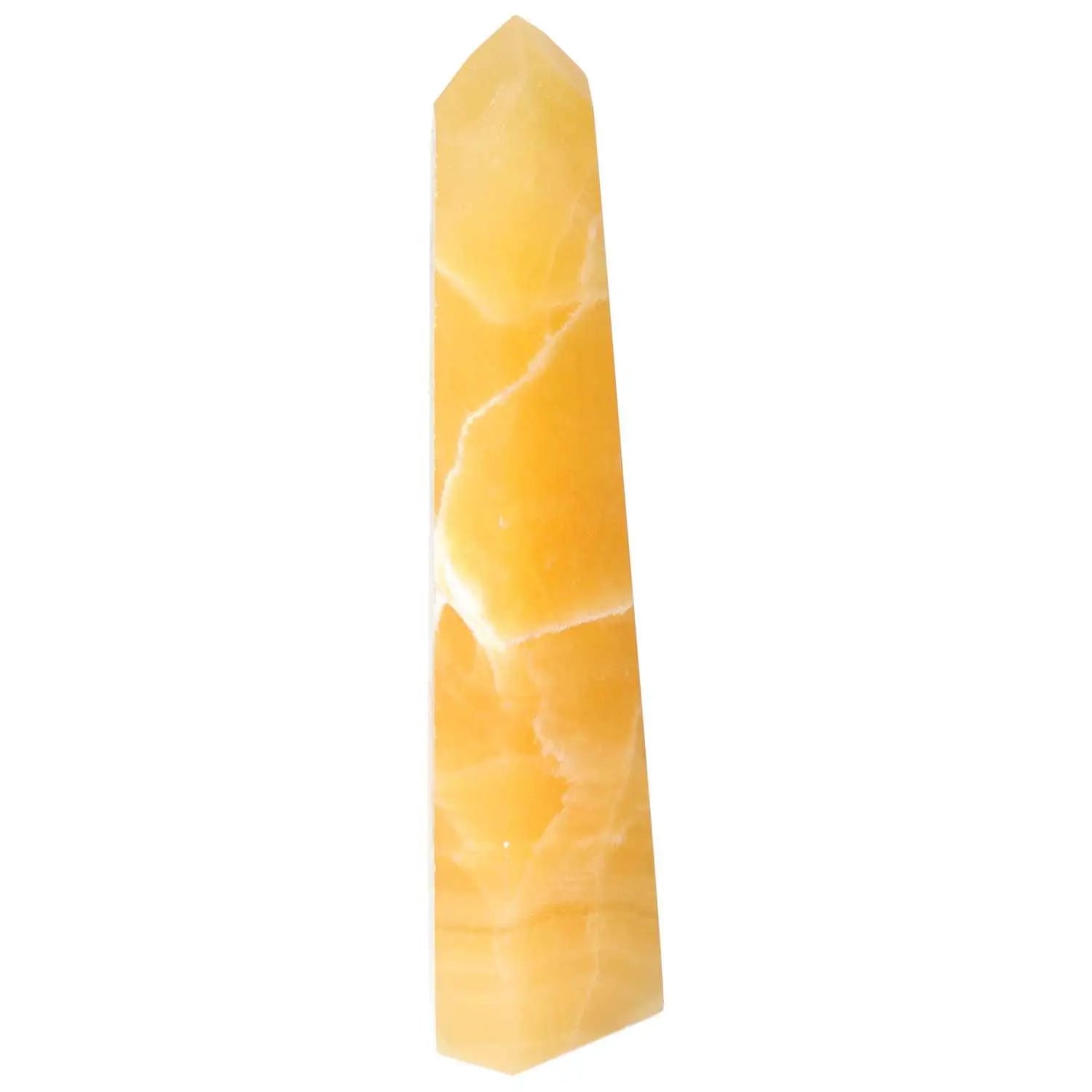 Golden Mexican Calcite Obelisk from Sylvia Crystals, symbolizing positive energy and prosperity.