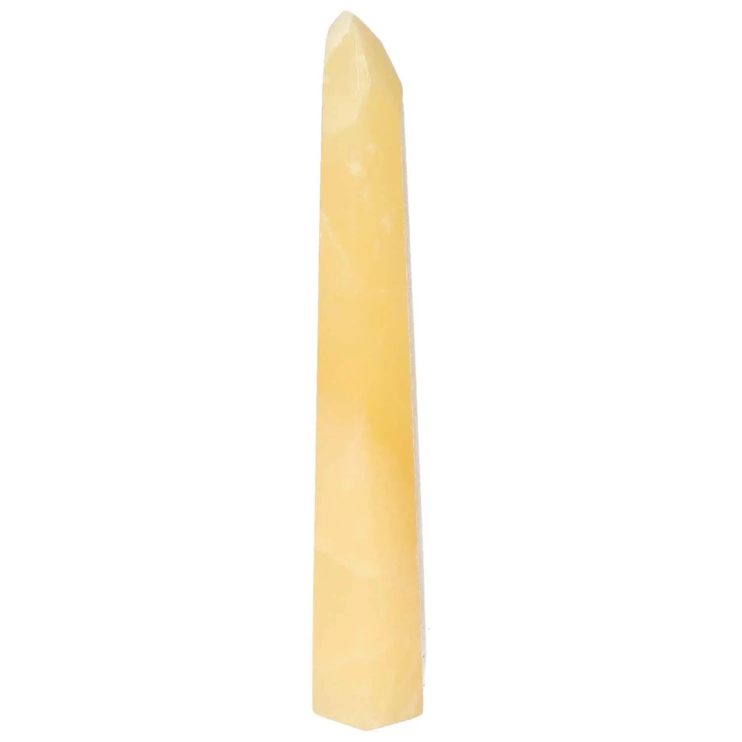 Elegant Mexican Calcite Obelisk from Sylvia Crystals, enhances motivation and growth, perfect for decor and personal development.
