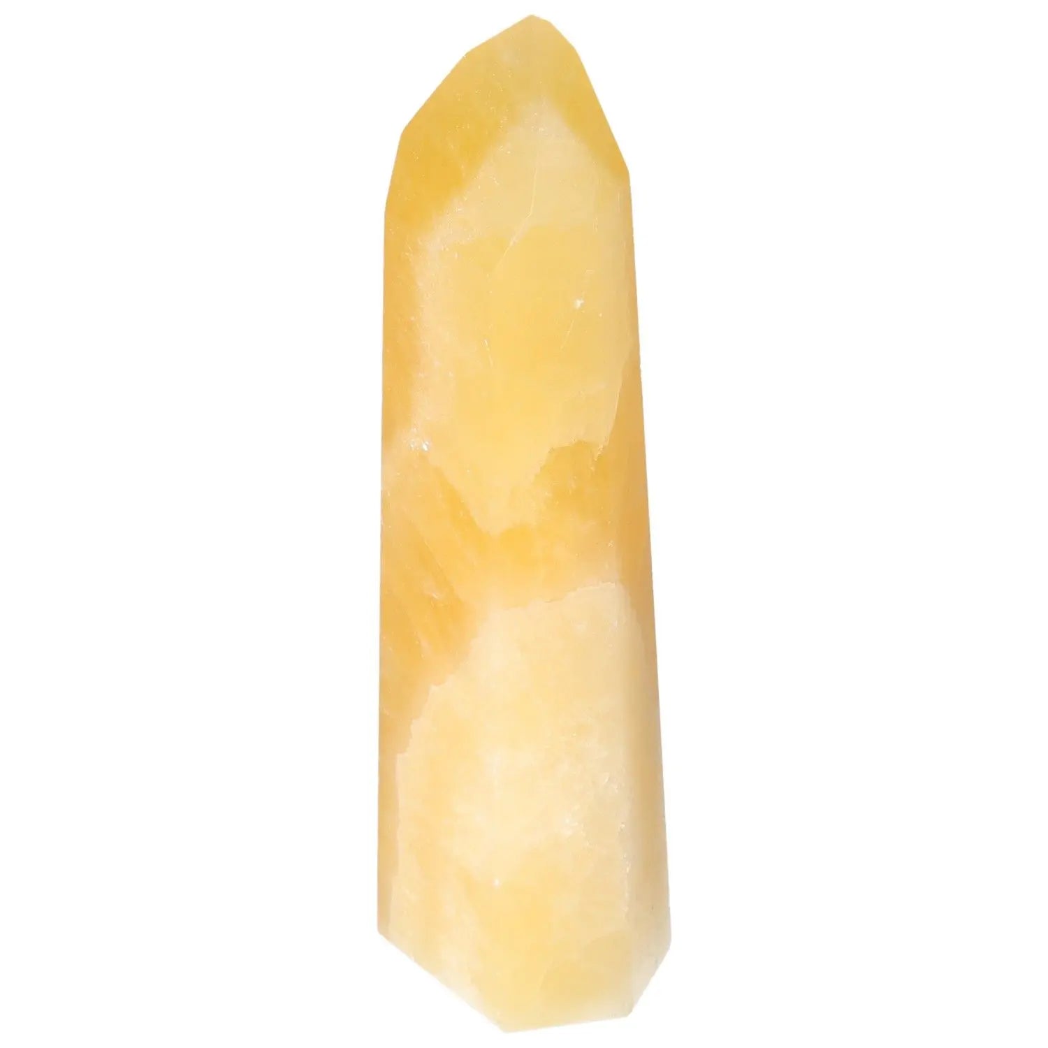 Mexican Calcite Obelisk by Sylvia Crystals, a decorative and spiritual energy transformation tool in yellow calcite.