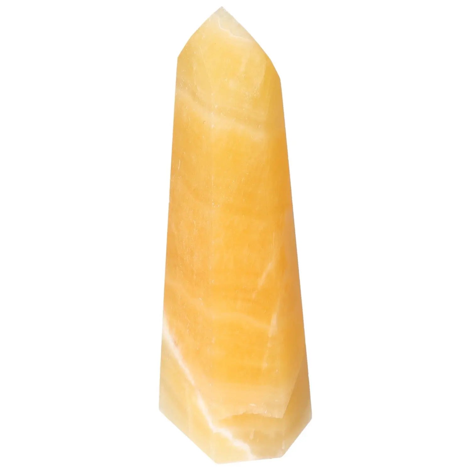 Mexican Calcite Obelisk from Sylvia Crystals, yellow crystal known for boosting confidence and motivation, isolated on white background.
