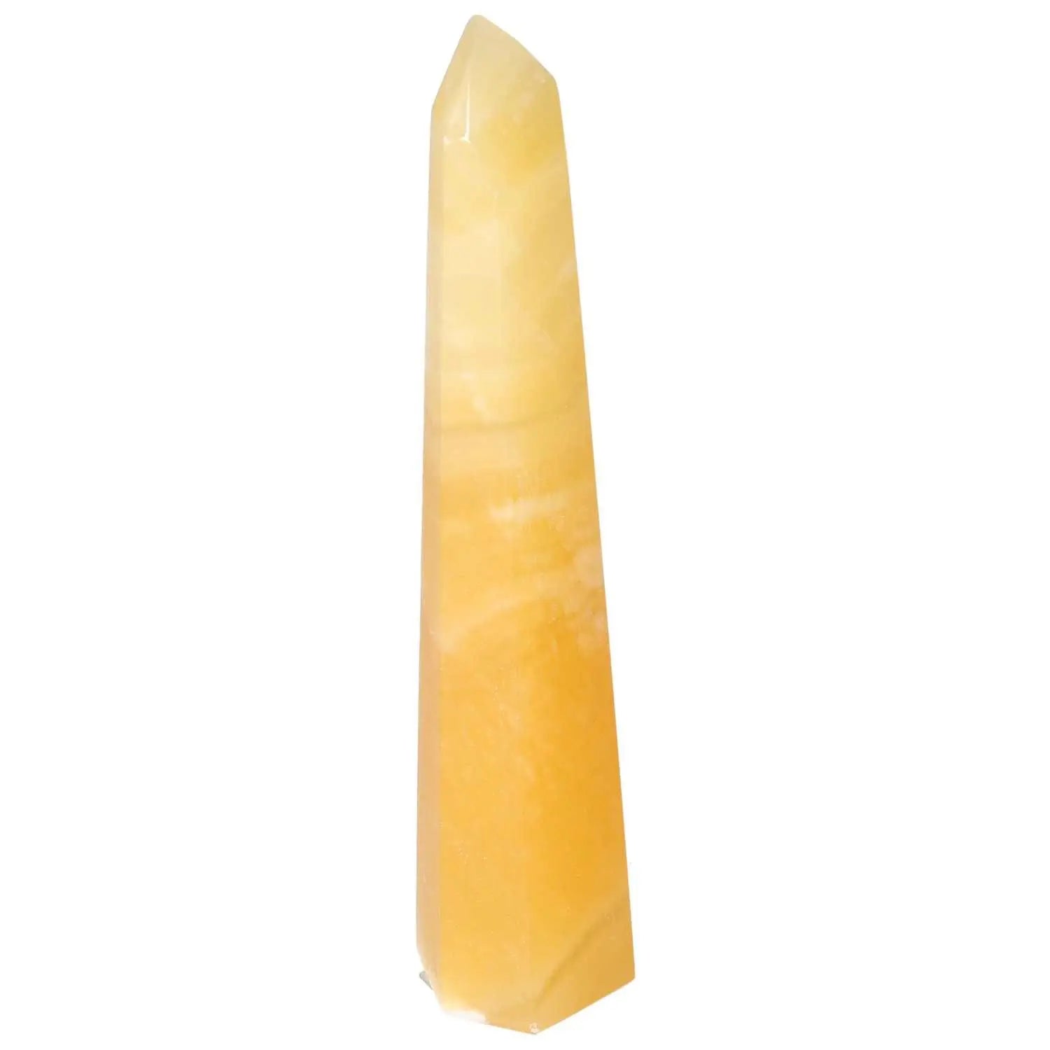 Elegant Mexican Calcite Obelisk by Sylvia Crystals for motivation and energy, perfect for enhancing self-confidence and goal achievement.