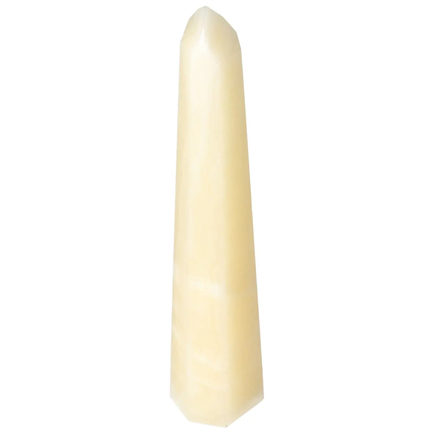 Elegant Mexican Calcite Obelisk by Sylvia Crystals, symbolizing luxury, spiritual harmony, and positive energy for personal growth.