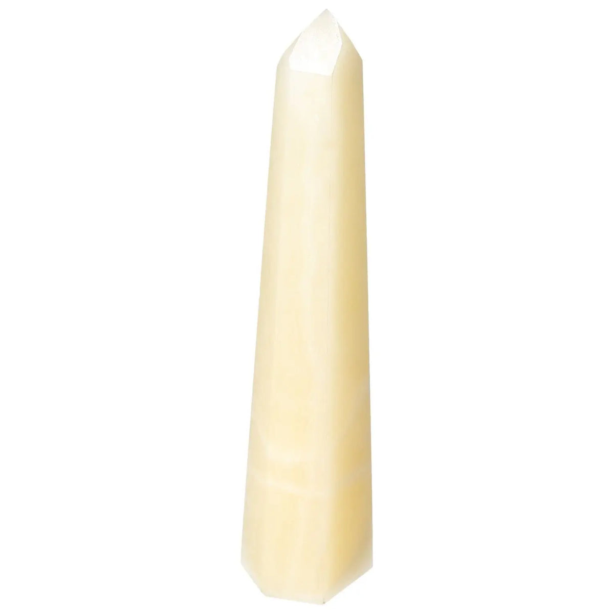 Mexican Calcite Obelisk by Sylvia Crystals, symbolizing luxury and spiritual harmony, promoting self-confidence and personal growth.