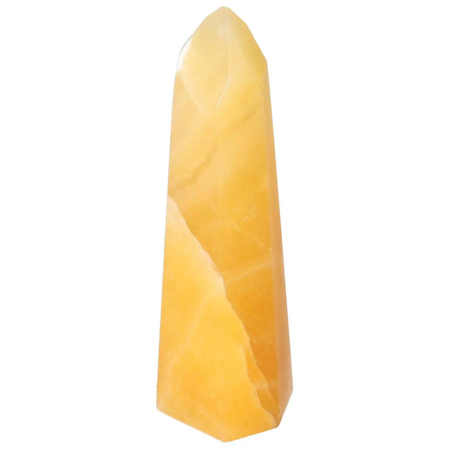 Mexican Calcite Obelisk from Sylvia Crystals, known for enhancing self-confidence and motivation. Handpicked luxury and spiritual tool.