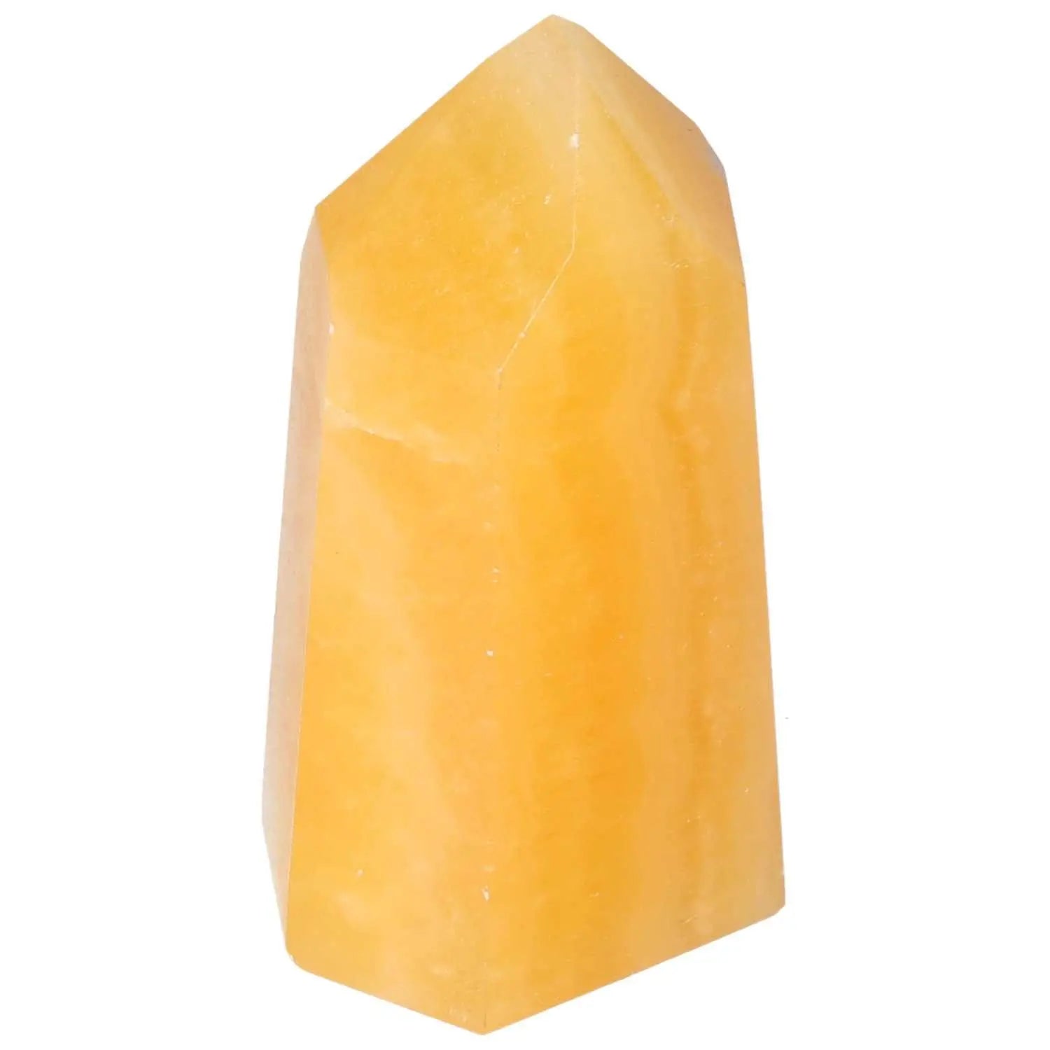 Mexican Calcite Obelisk crafted by Sylvia Crystals, symbolizing luxury and spiritual transformation, ideal for enhancing confidence.