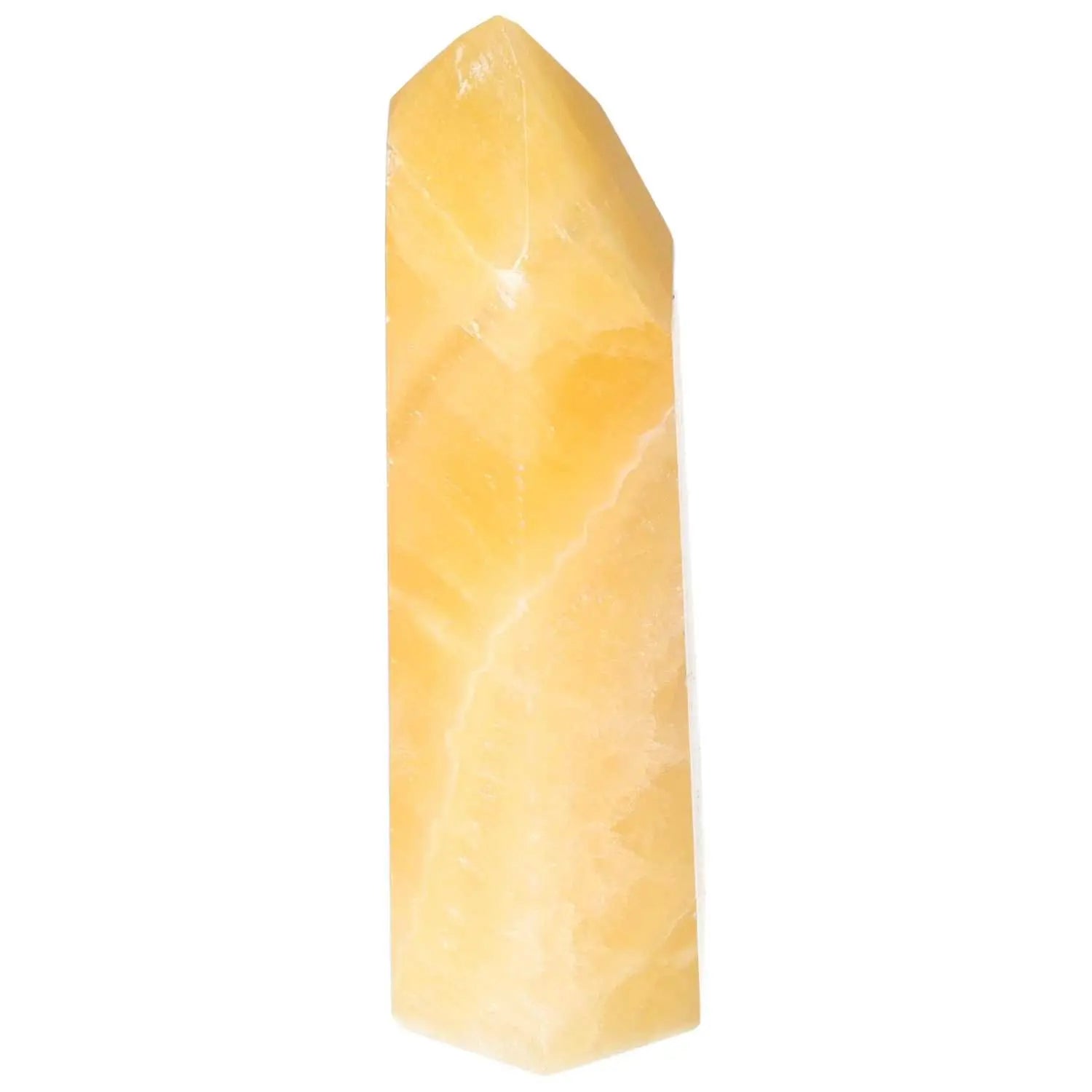 Mexican Calcite Obelisk from Sylvia Crystals, enhancing self-confidence and focus, premium earthy spiritual centerpiece.