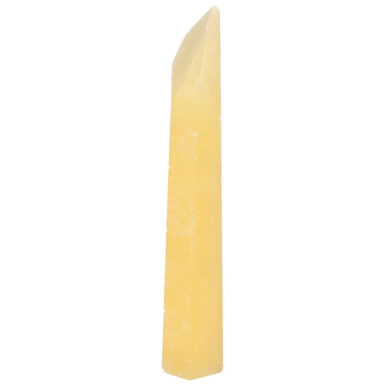 Mexican Calcite Obelisk by Sylvia Crystals, showcasing luxury and spirituality with its elegant, handpicked design.
