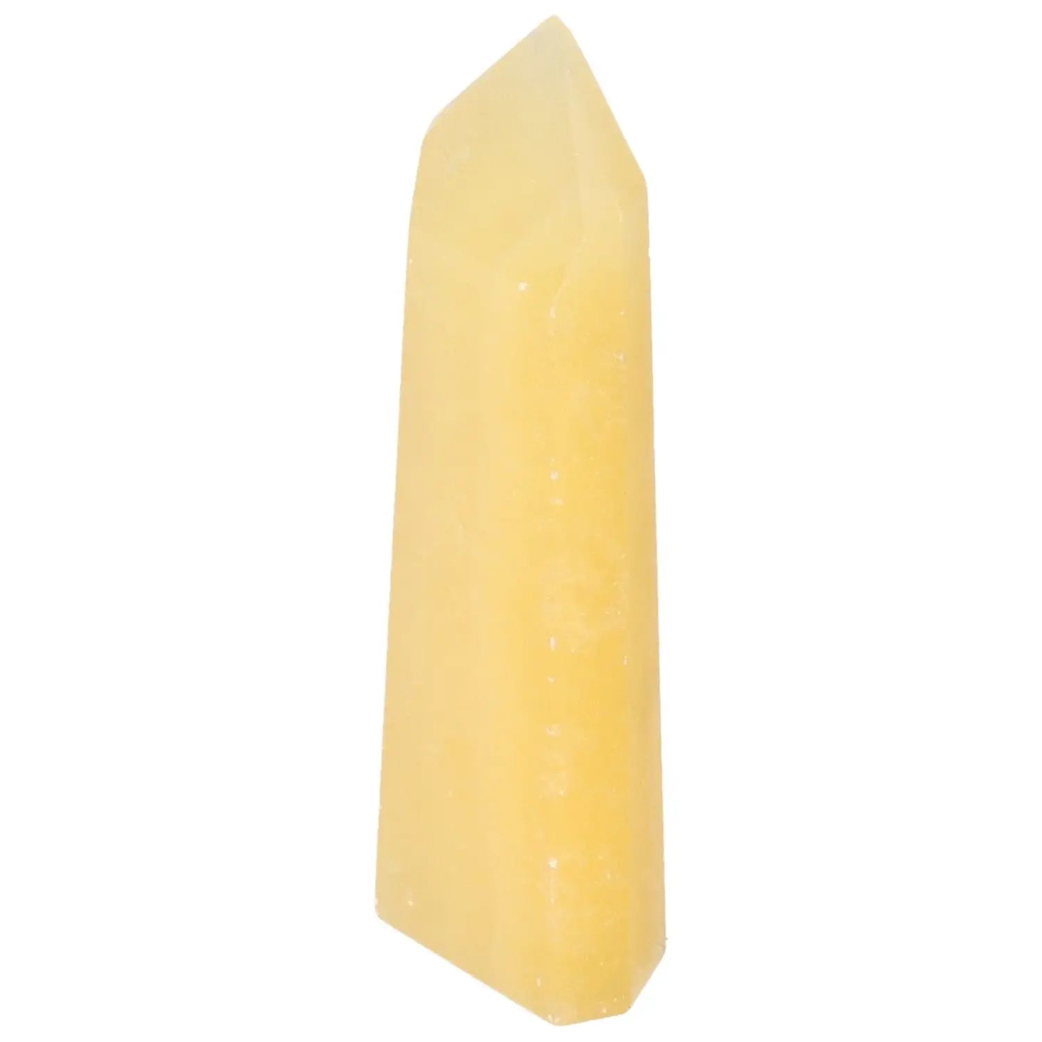 Mexican Calcite Obelisk for enhancing self-confidence and motivation, luxury crystal décor from Sylvia Crystals, spiritual elegance.