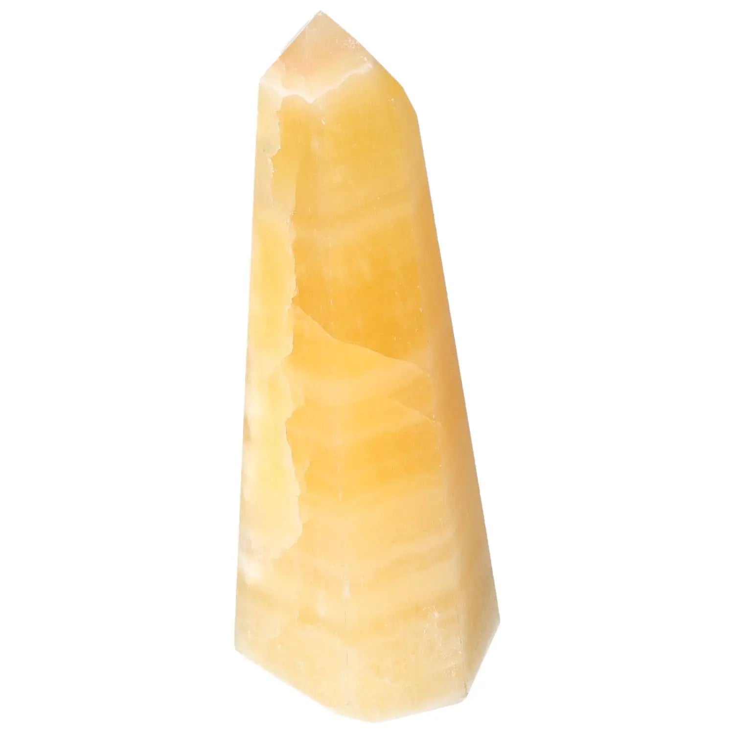 Mexican Calcite Obelisk by Sylvia Crystals, enhancing energy and confidence, ideal for personal growth and positive motivation.