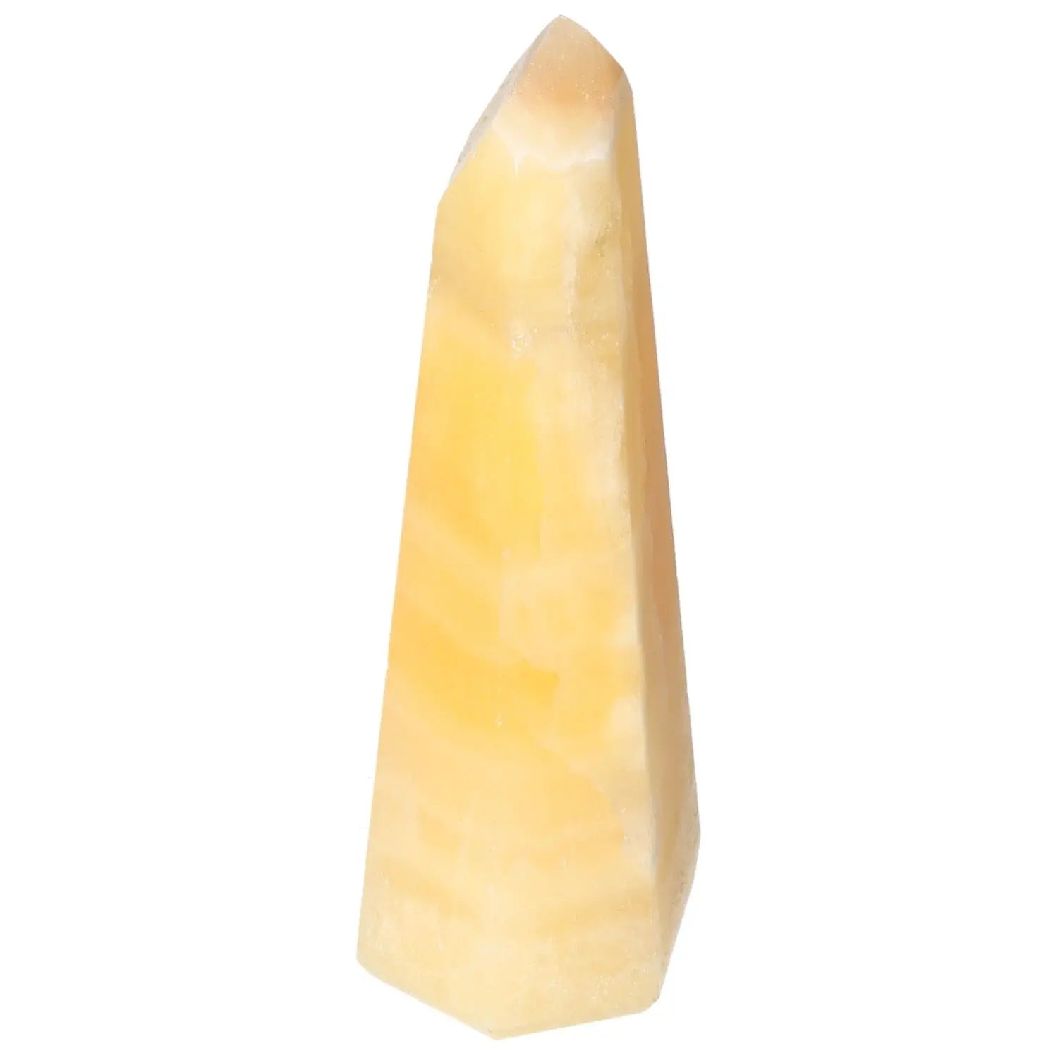 Mexican Calcite Obelisk from Sylvia Crystals, known for enhancing self-confidence and positive energy, perfect for personal growth.