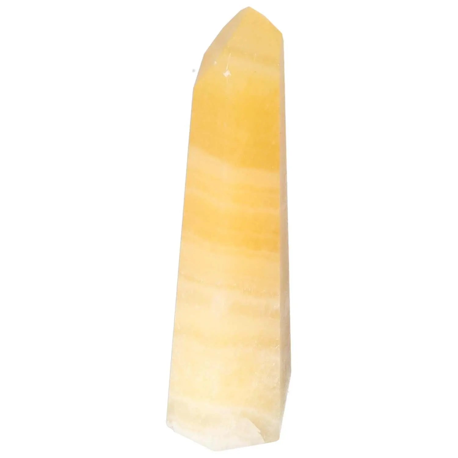 Mexican Calcite Obelisk from Sylvia Crystals, known for boosting self-confidence and promoting prosperity, luxury crystal décor piece.
