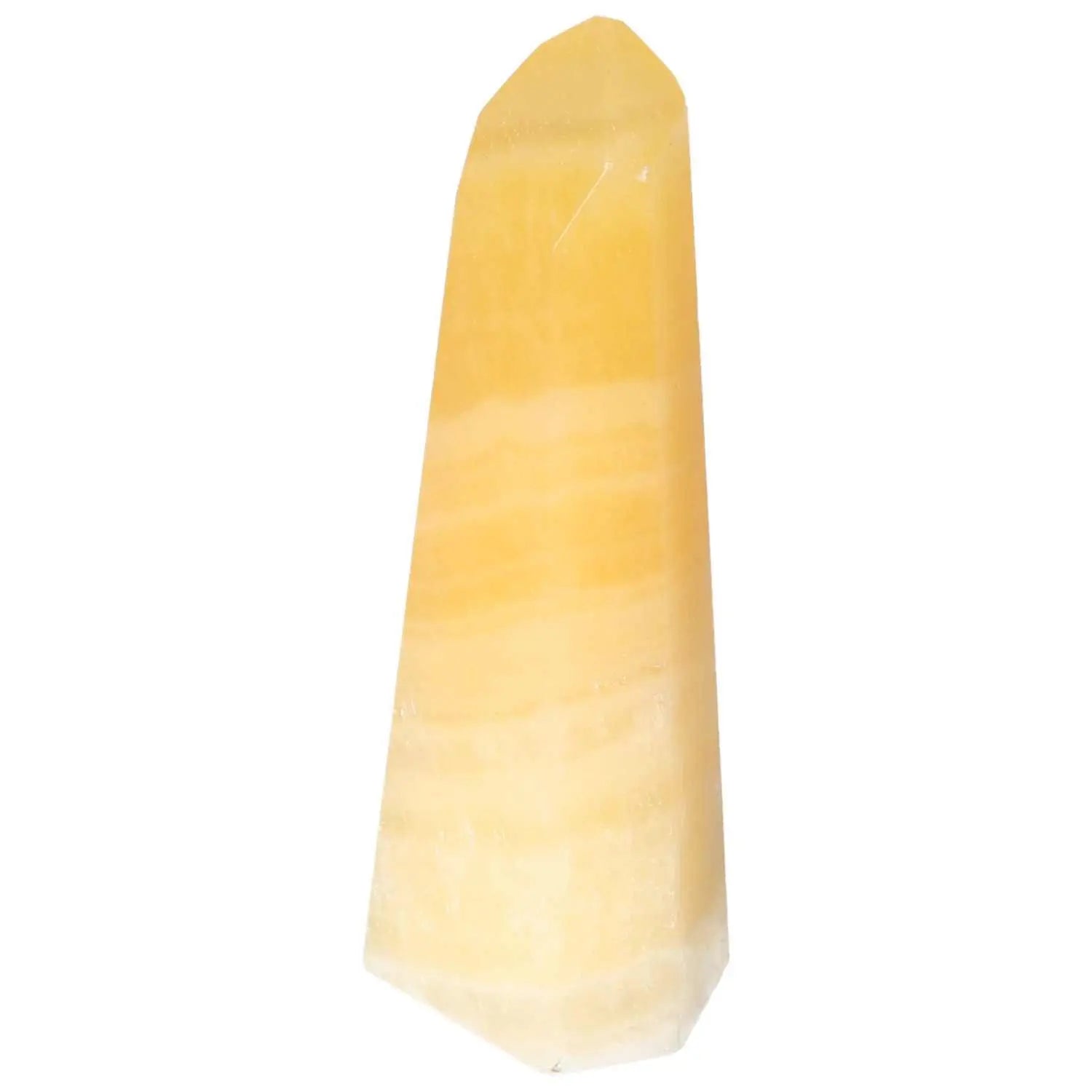 Elegant Mexican Calcite Obelisk from Sylvia Crystals, enhancing self-confidence and clearing negative energies.