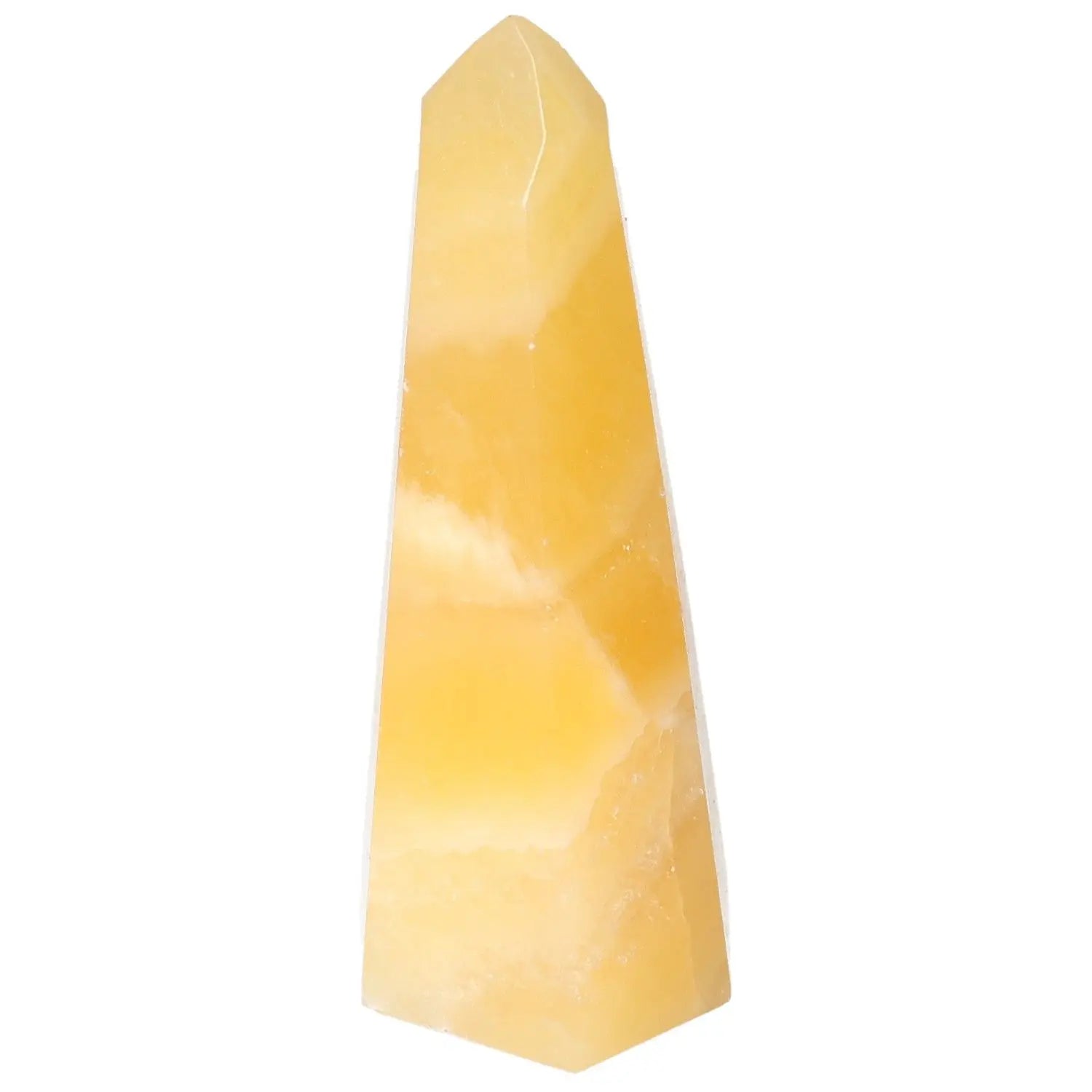 Elegant Mexican Calcite Obelisk, a premium crystal by Sylvia Crystals, blending luxury with spiritual enhancement for conscious living.
