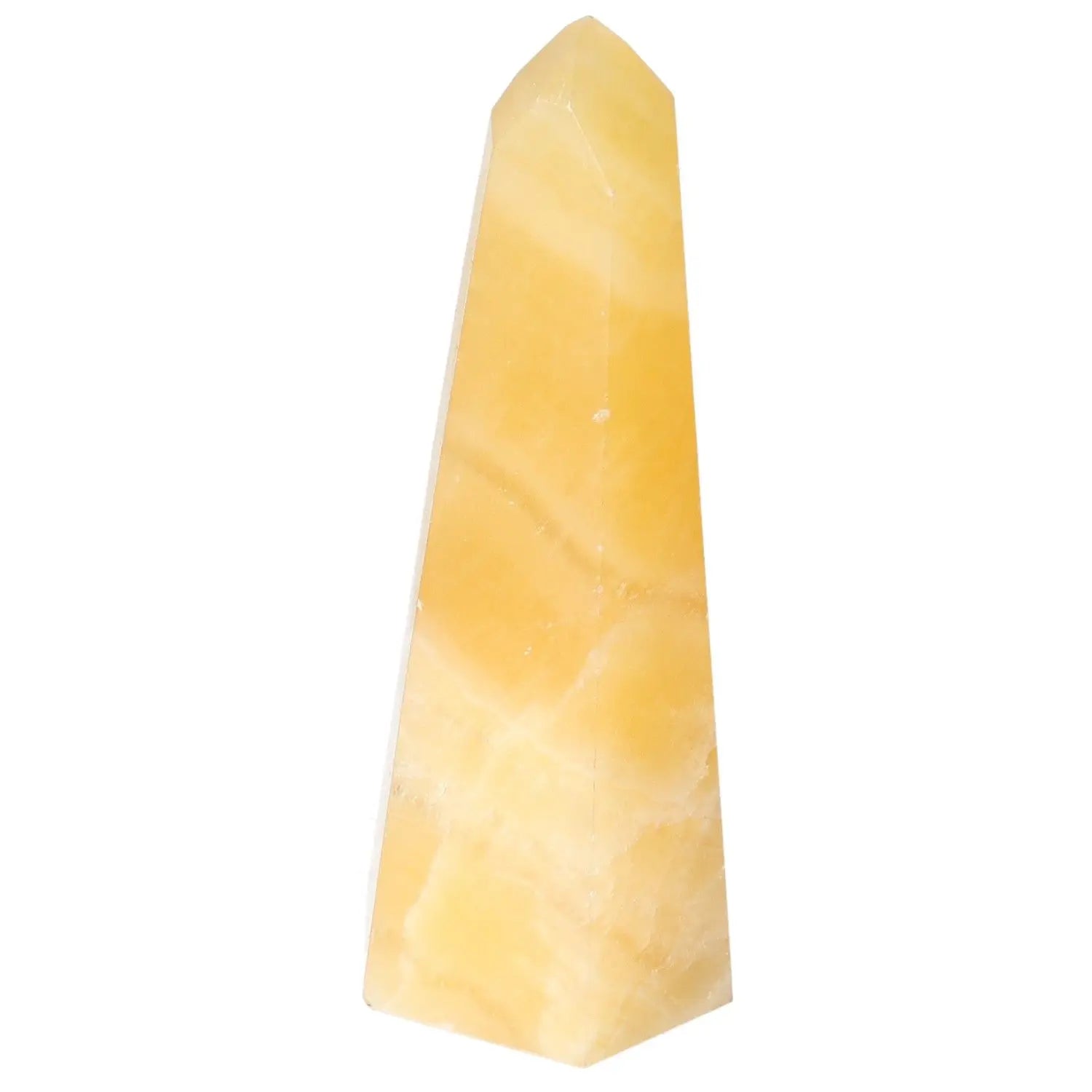Mexican Calcite Obelisk for spiritual enhancement and luxury décor from Sylvia Crystals. Elegant yellow crystal with aesthetic appeal.