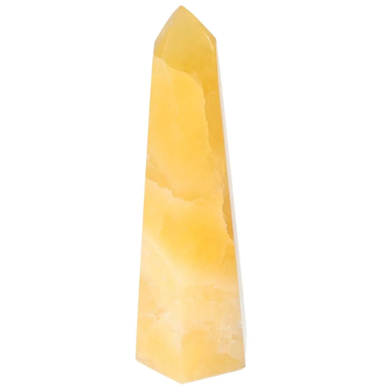 Mexican Calcite Obelisk by Sylvia Crystals, luxurious yellow stone piece for energy transformation and spiritual enlightenment.