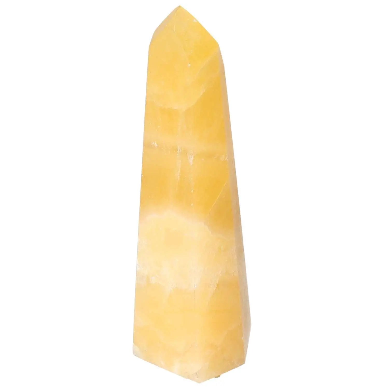 Luxurious Mexican Calcite Obelisk from Sylvia Crystals, a decorative piece boosting self-confidence and dynamic energy.