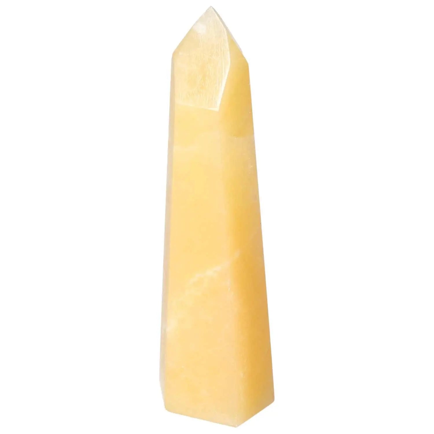 Mexican Calcite Obelisk by Sylvia Crystals, enhances positivity, self-confidence, and spiritual energy. Ideal for aesthetics and transformation.