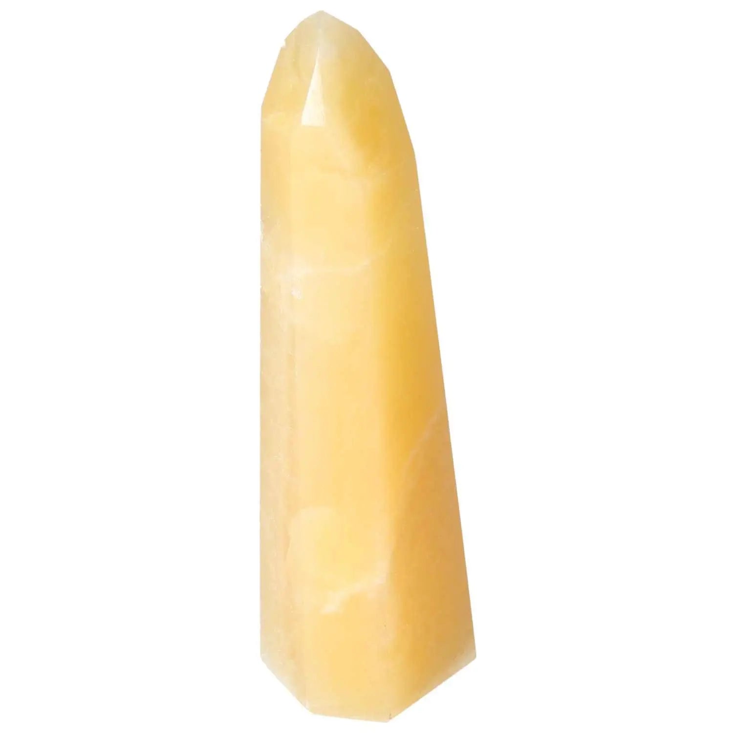 Mexican Calcite Obelisk from Sylvia Crystals, showcasing its elegant design and spiritual significance for enhancing positivity and motivation.