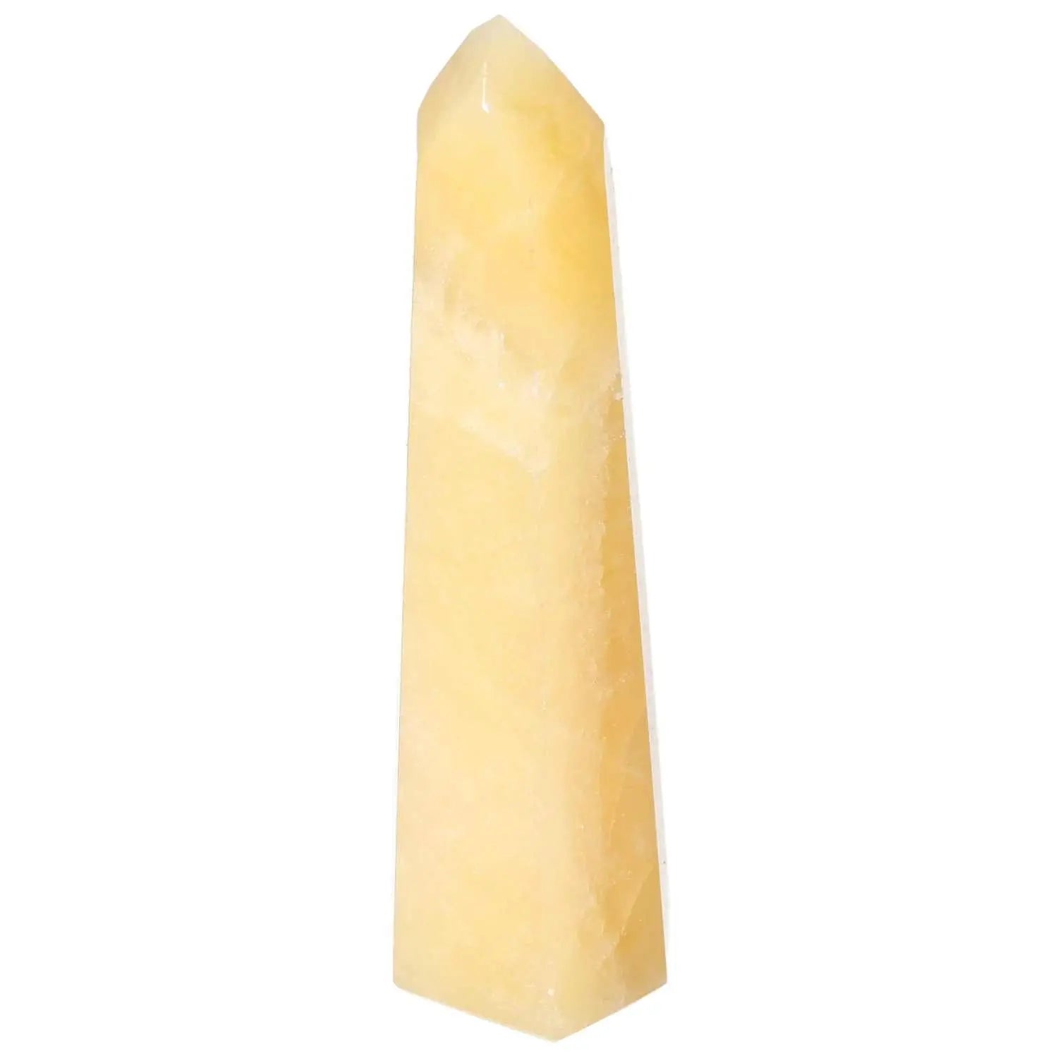 Mexican Calcite Obelisk from Sylvia Crystals, enhancing positivity and self-confidence, shown in elegant light stone form.
