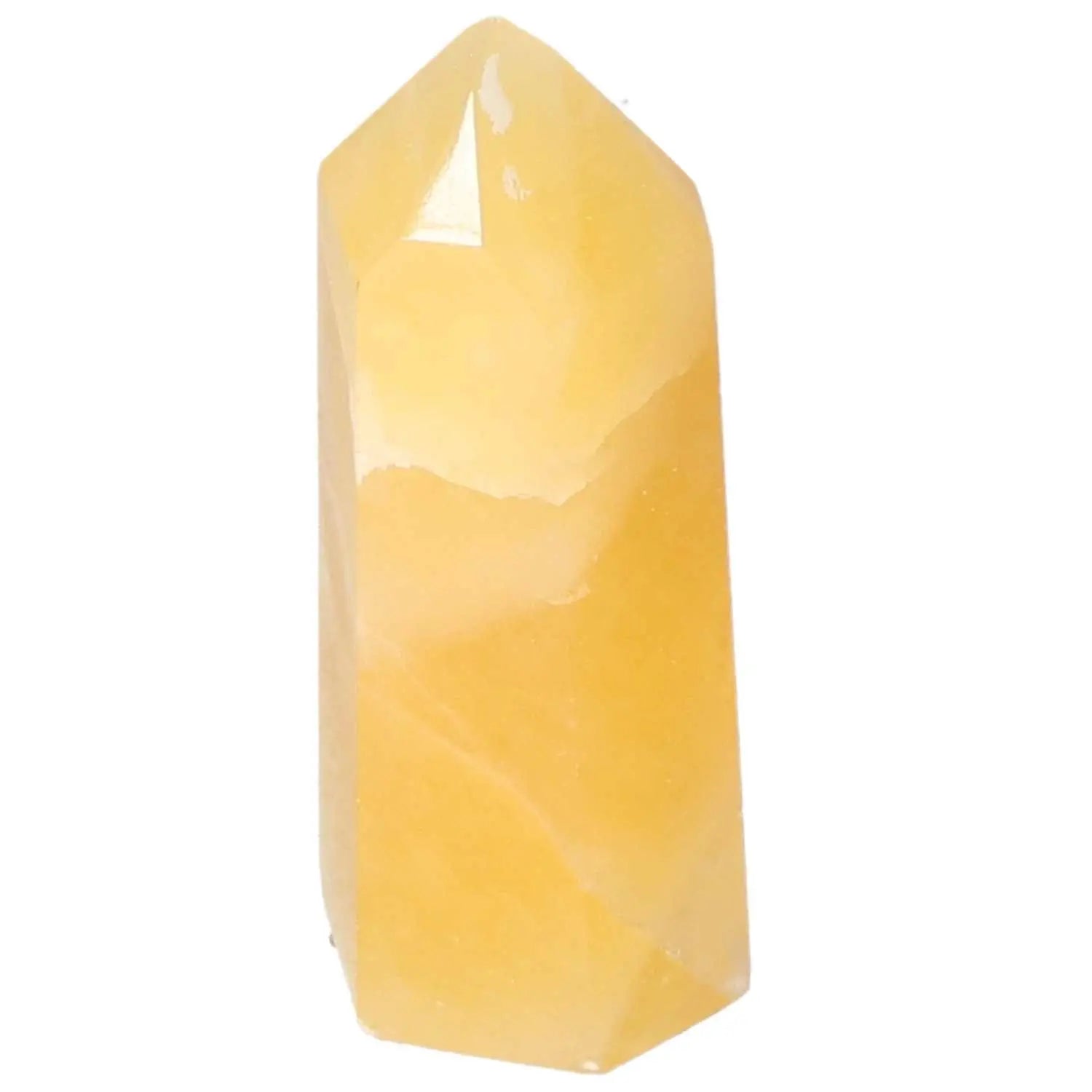 Elegant Mexican Calcite Obelisk from Sylvia Crystals, enhancing self-confidence and spiritual allure, epitome of luxury.