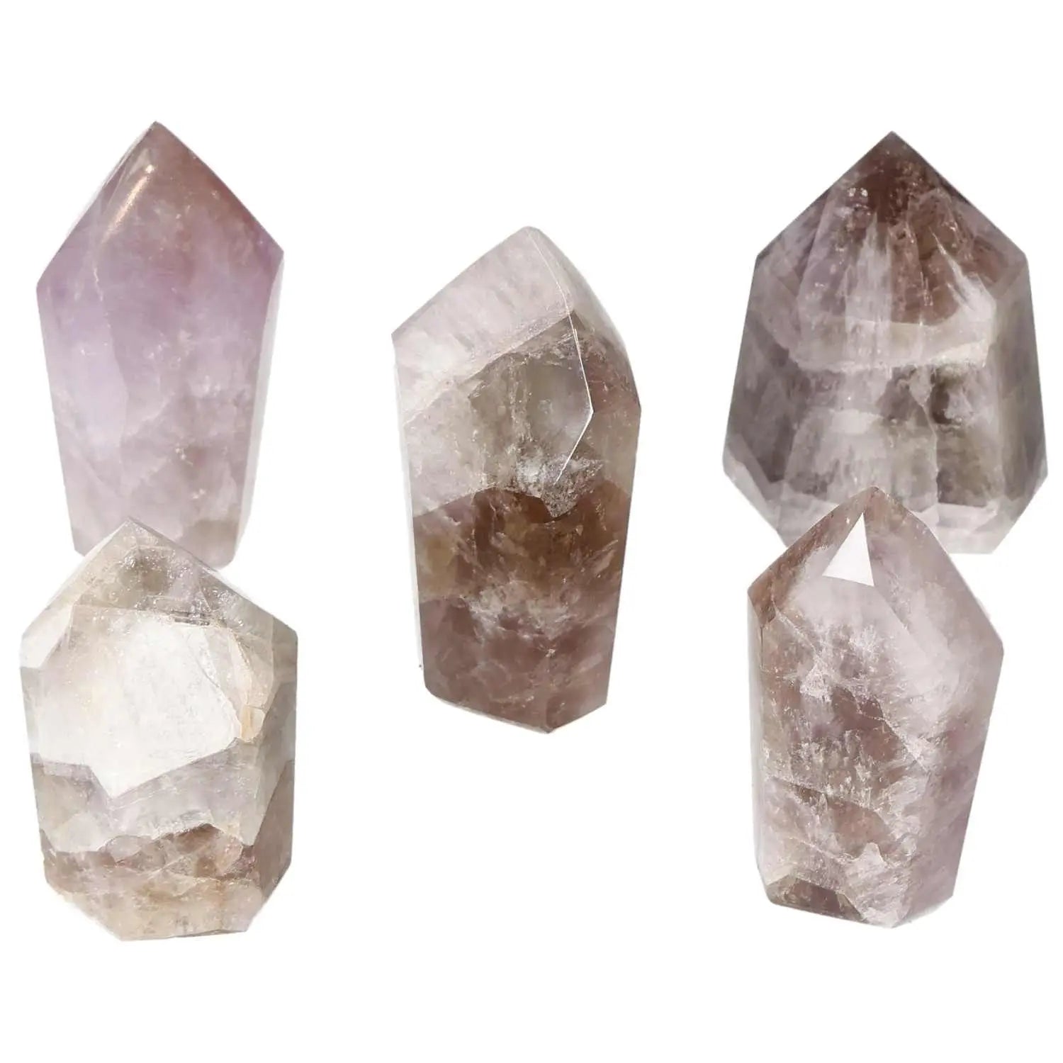 A collection of five polished amethyst crystals, each uniquely cut, displaying their natural hues and clarity, symbolizing tranquility and focus.