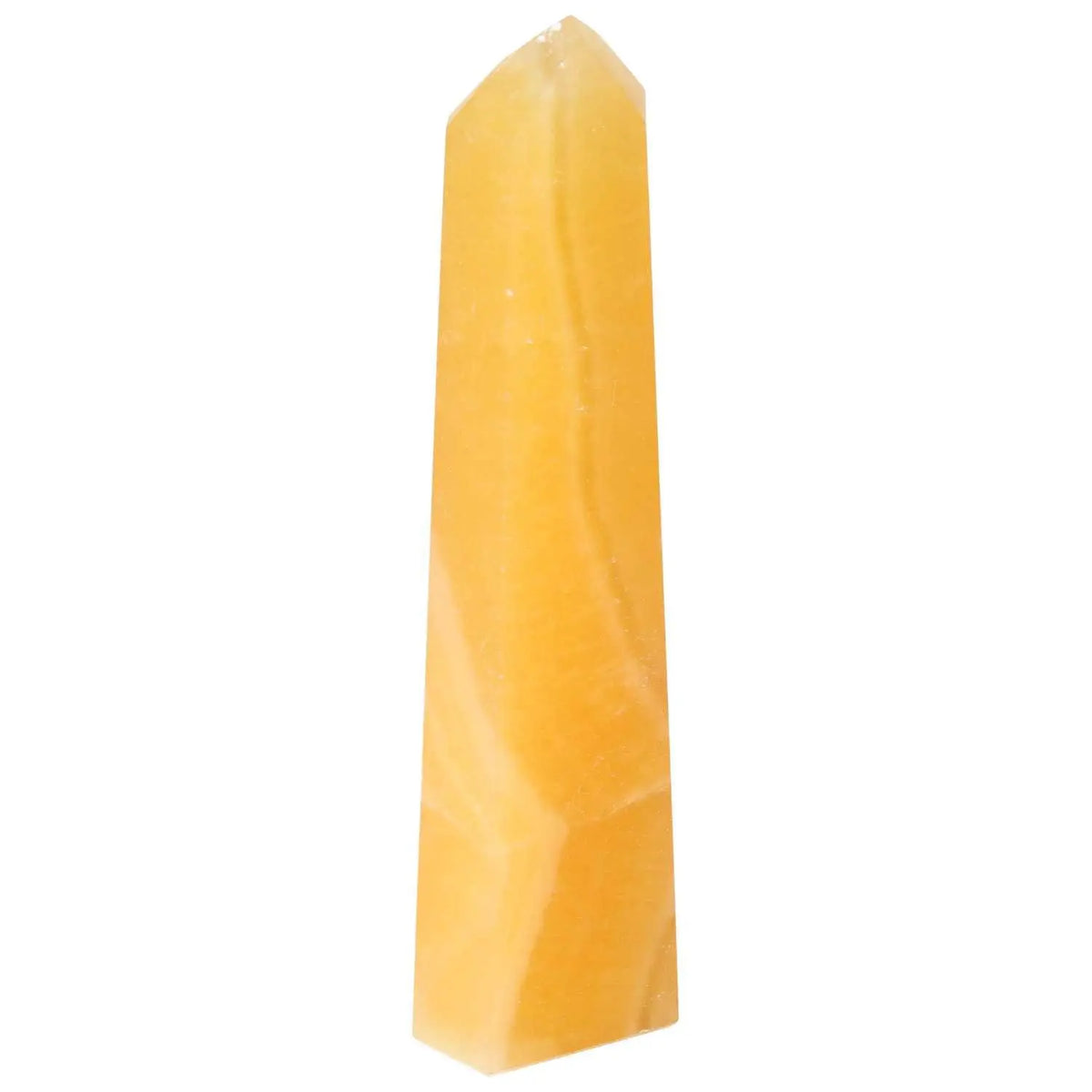 Mexican Calcite Obelisk by Sylvia Crystals, renowned for enhancing self-confidence and goal achievement with exceptional craftsmanship.