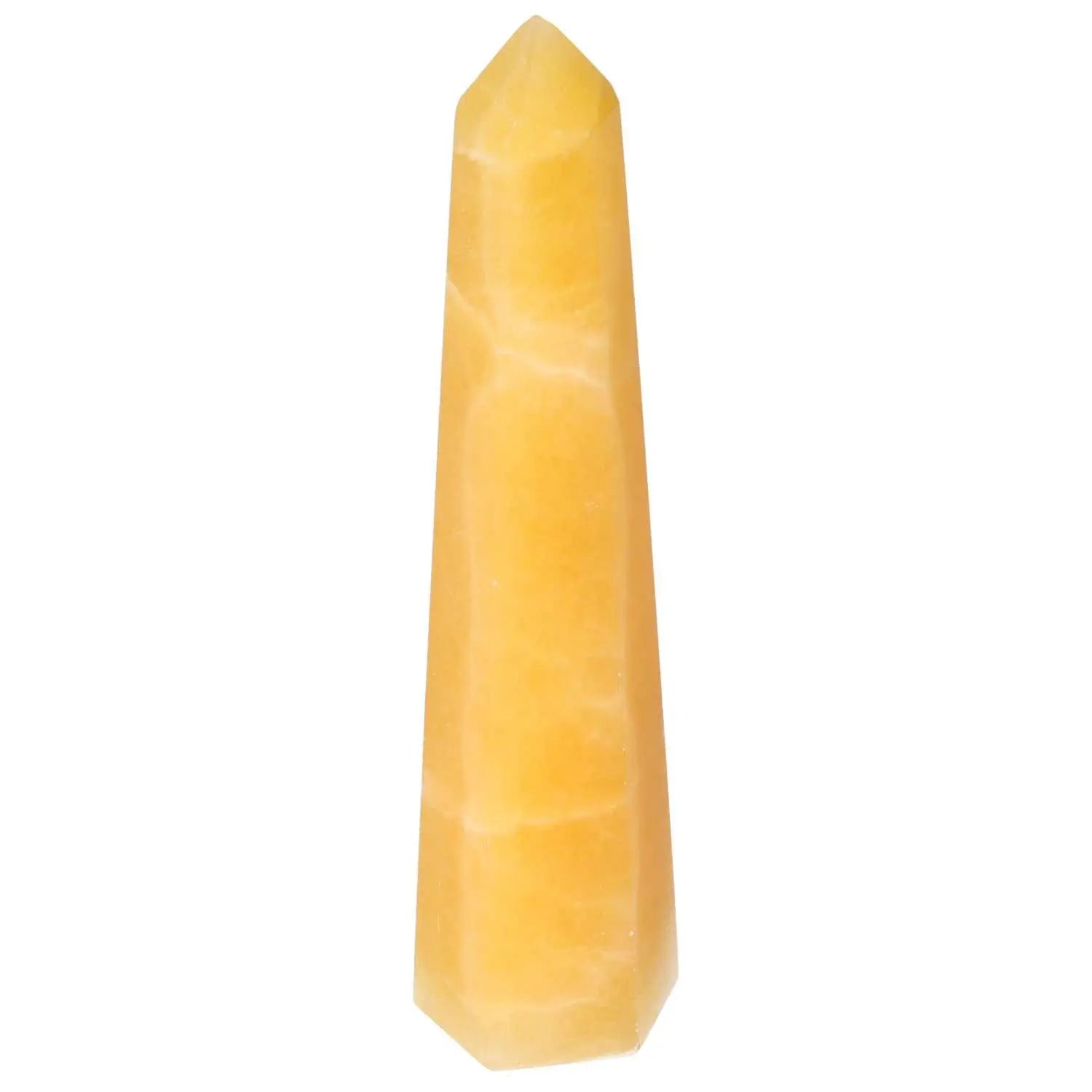 Mexican Calcite Obelisk by Sylvia Crystals, artisan-crafted spiritual tool for enhancing self-confidence and goal achievement.
