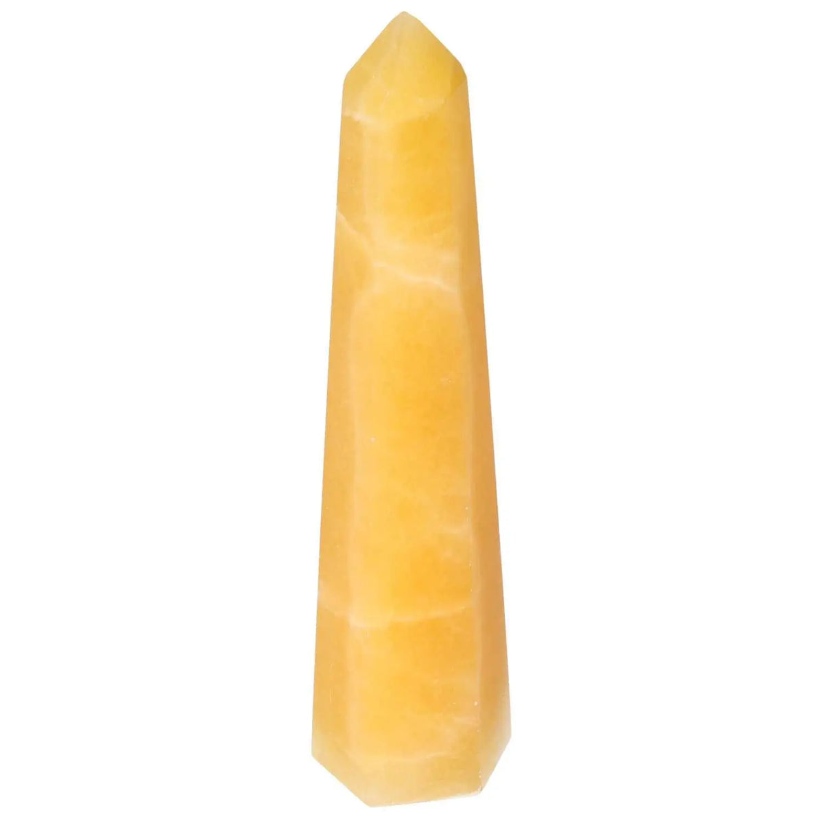 Mexican Calcite Obelisk by Sylvia Crystals, artisan-crafted spiritual tool for enhancing self-confidence and goal achievement.